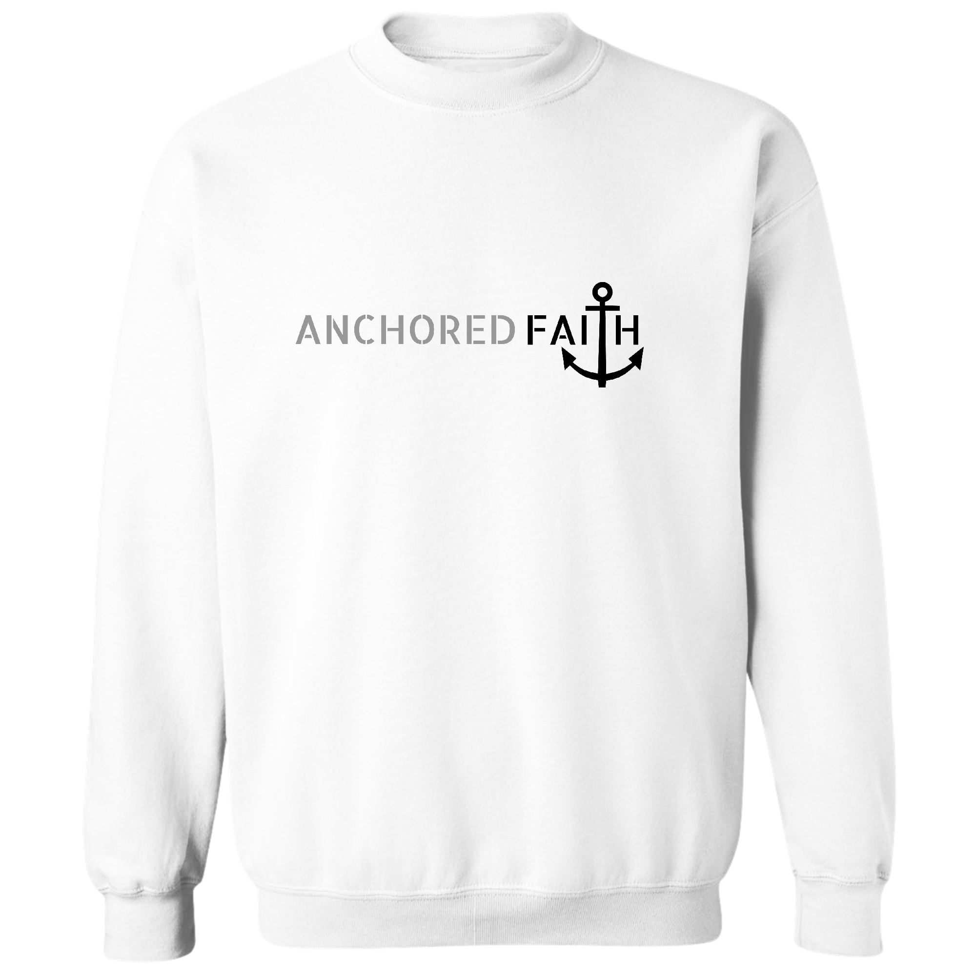 Mens Graphic Sweatshirt in grey and black with Anchored Faith print, showcasing a comfortable crewneck design.