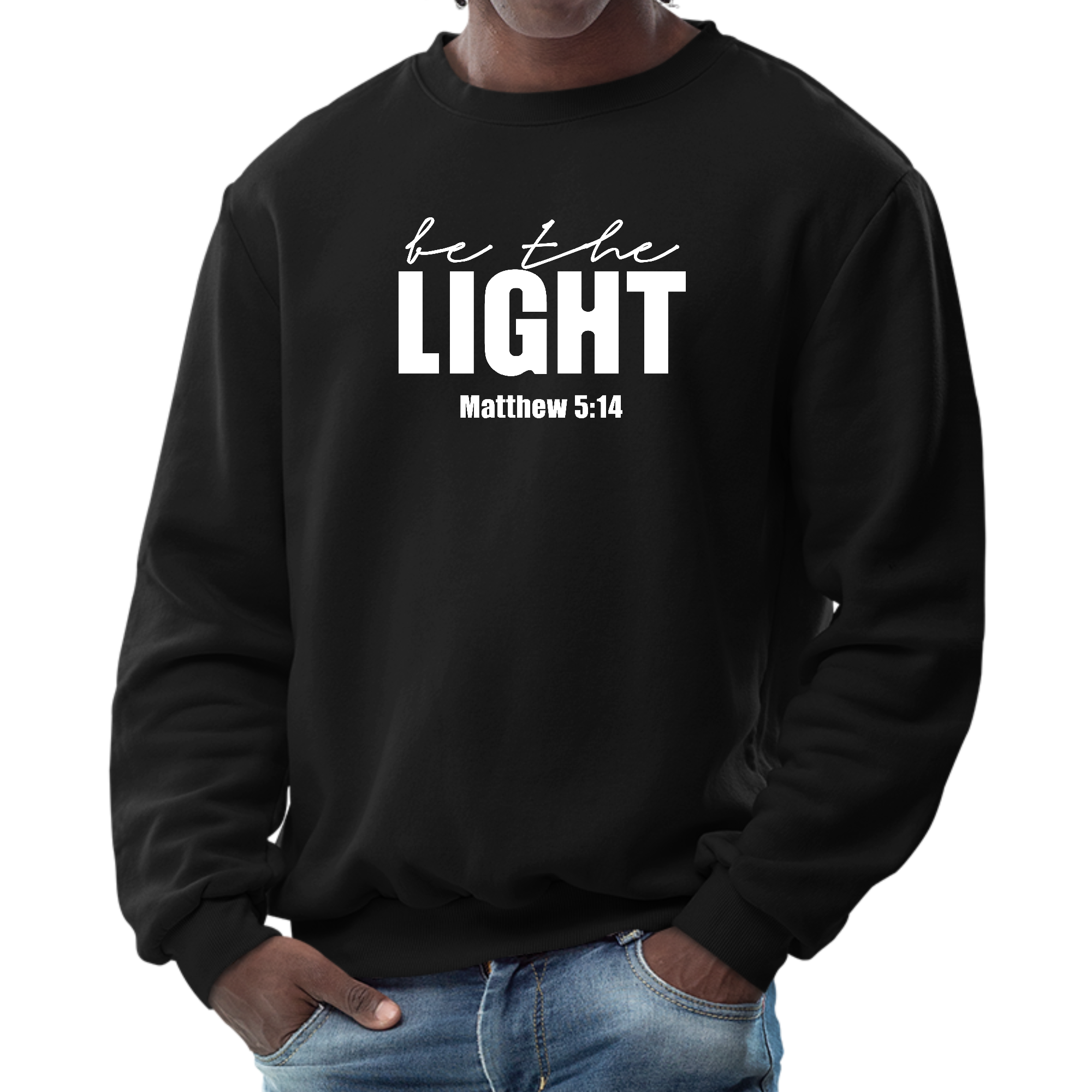 Men's graphic sweatshirt featuring 'Be the Light' inspirational art illustration, showcasing a cozy fleece design and classic crewneck style.