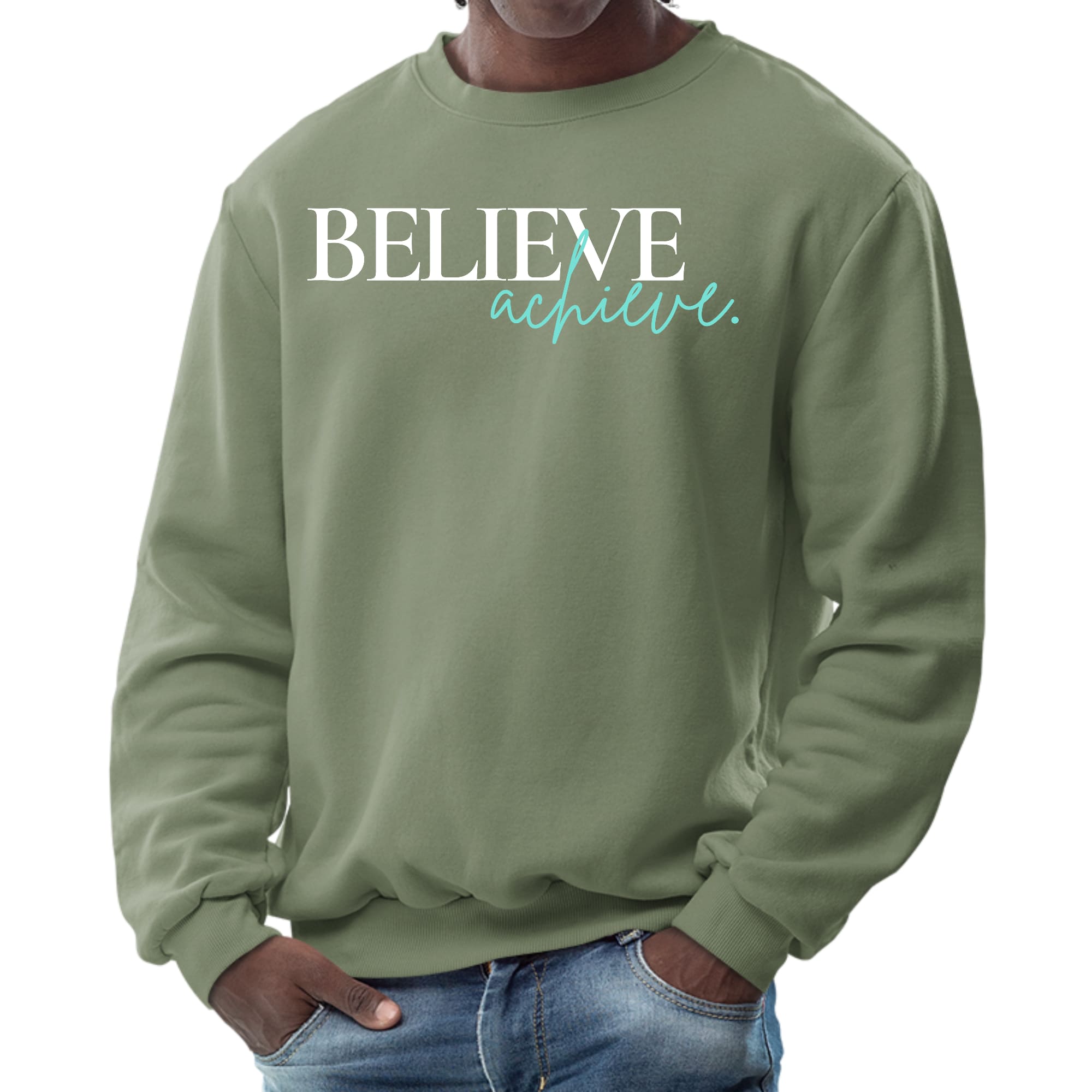 Men's Graphic Sweatshirt featuring 'Believe and Achieve' motivational design, long sleeves, and ribbed collar.