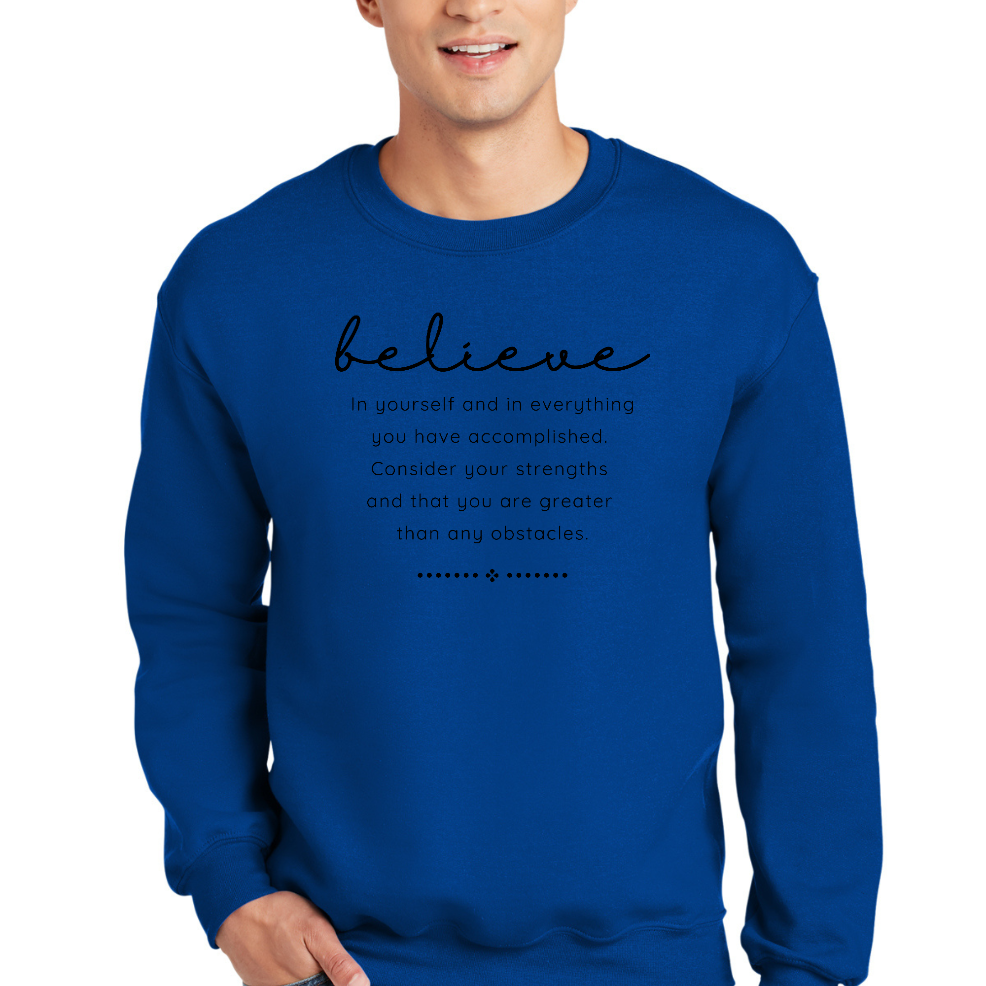 Men's black graphic sweatshirt featuring 'Believe in Yourself' motivational design, long sleeves, and ribbed collar.