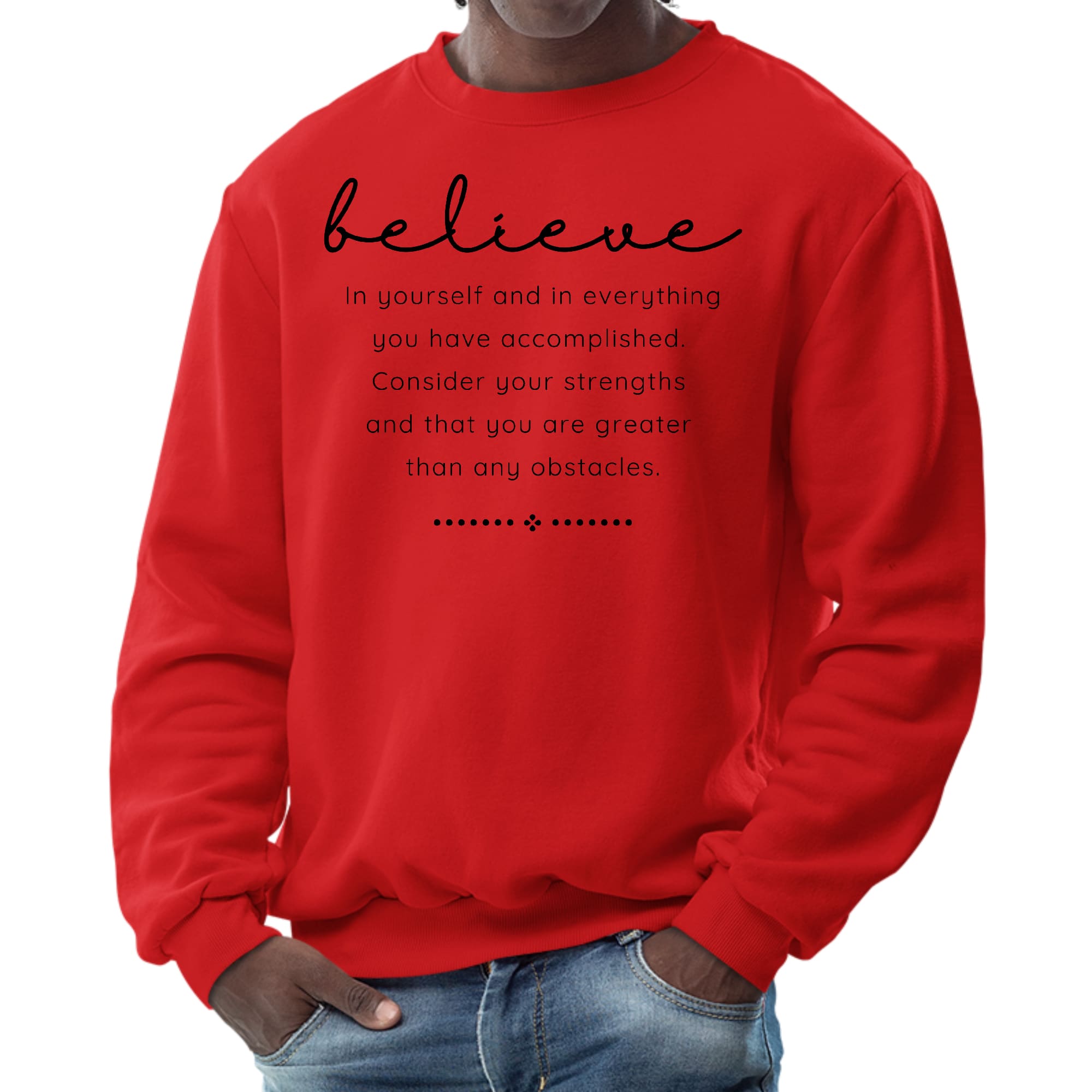 Men's black graphic sweatshirt featuring 'Believe in Yourself' motivational design, long sleeves, and ribbed collar.