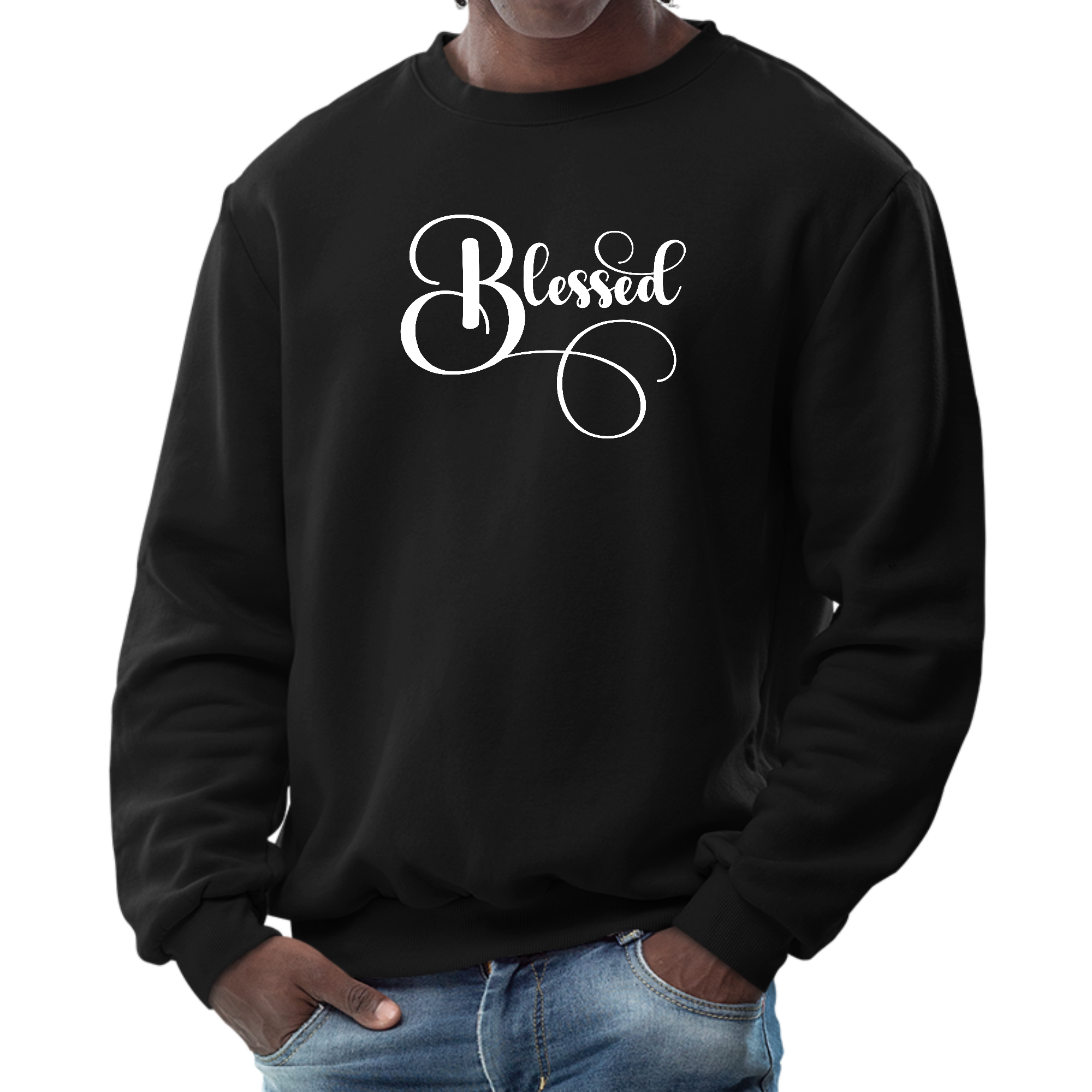 Men's long sleeve crewneck sweatshirt with a Blessed graphic illustration, featuring ribbed collar and cuffs, made from durable cotton-polyester blend.
