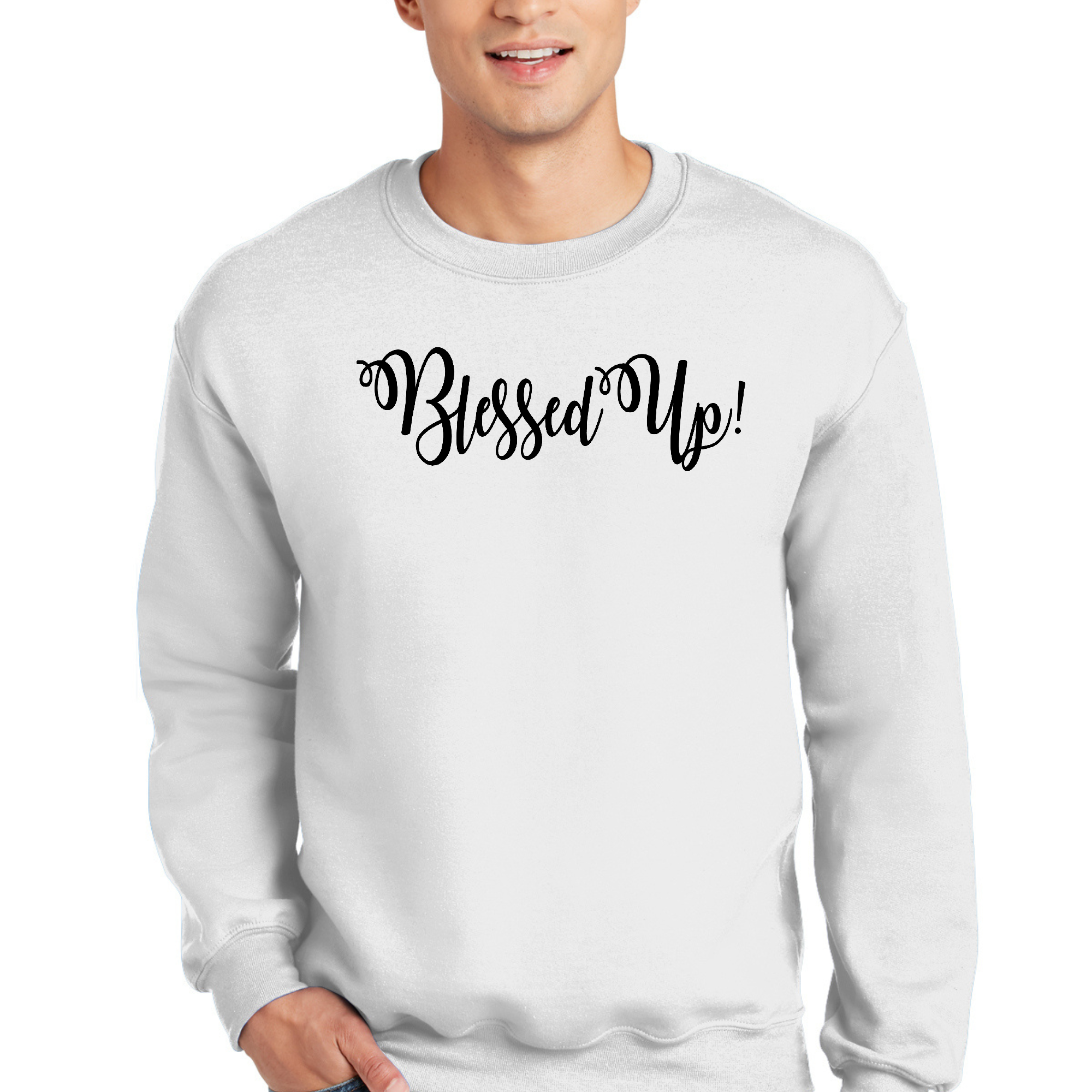 Men's black graphic sweatshirt featuring the Blessed Up motivational quote illustration, designed for comfort and style.