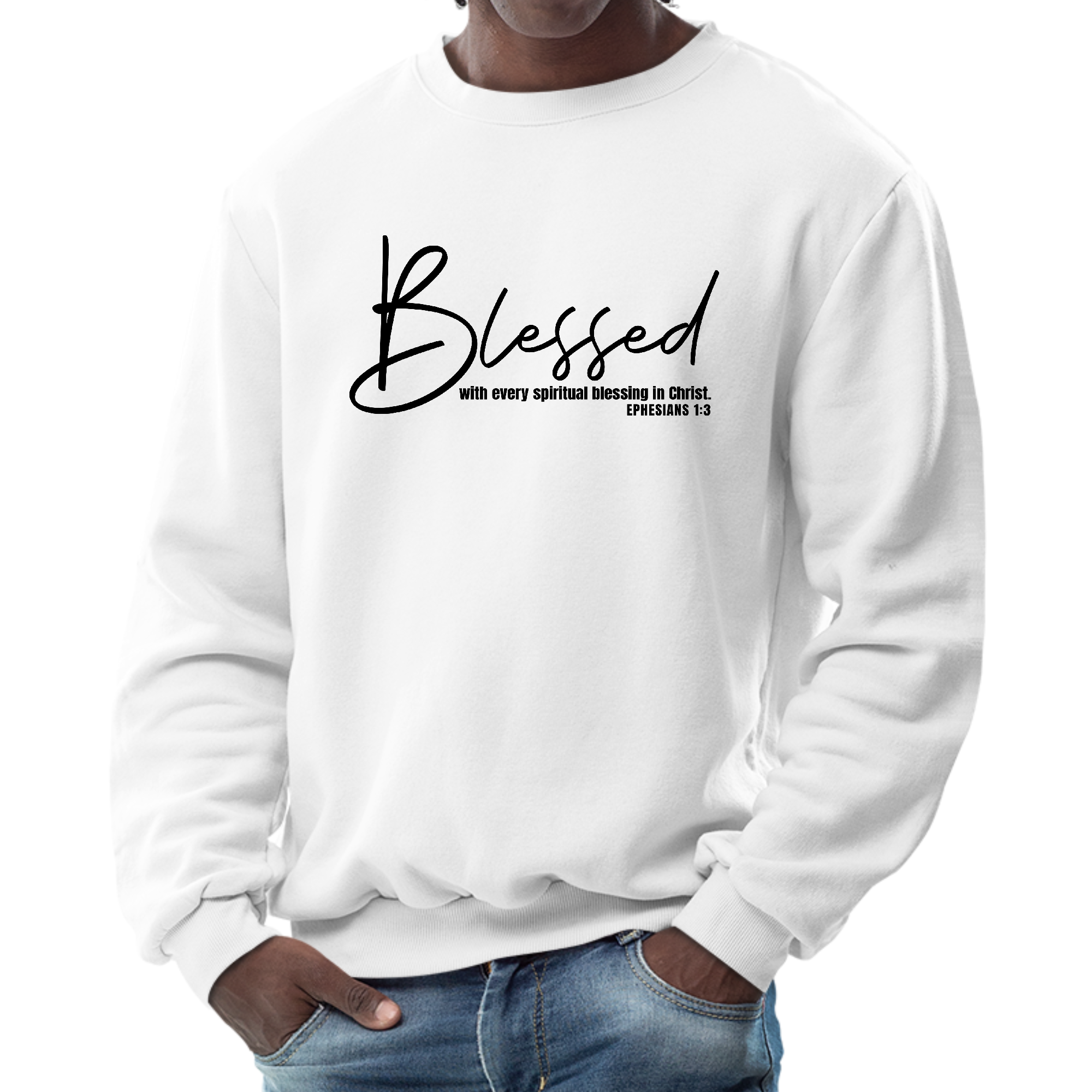 Men's black graphic sweatshirt featuring 'Blessed with Every Spiritual Blessing' print, showcasing a cozy fleece design and classic crewneck style.