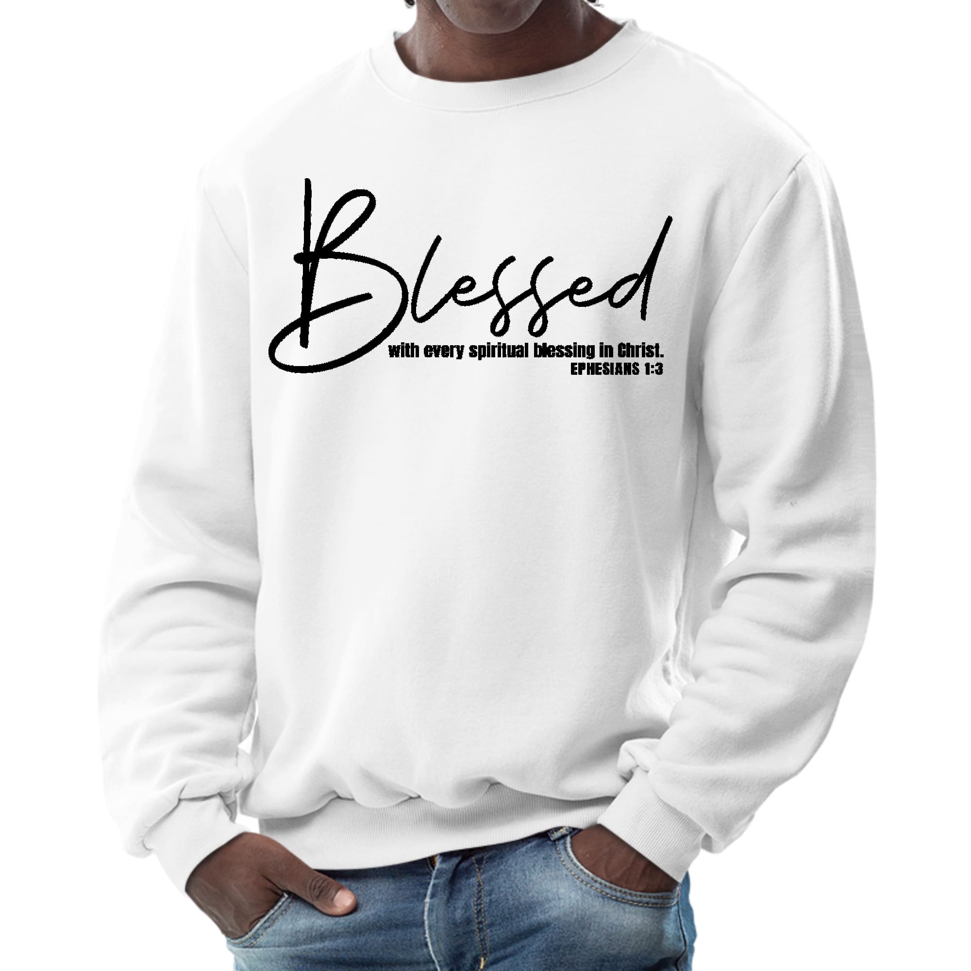 Men's black graphic sweatshirt featuring 'Blessed with Every Spiritual Blessing' print, showcasing a cozy fleece design and classic crewneck style.