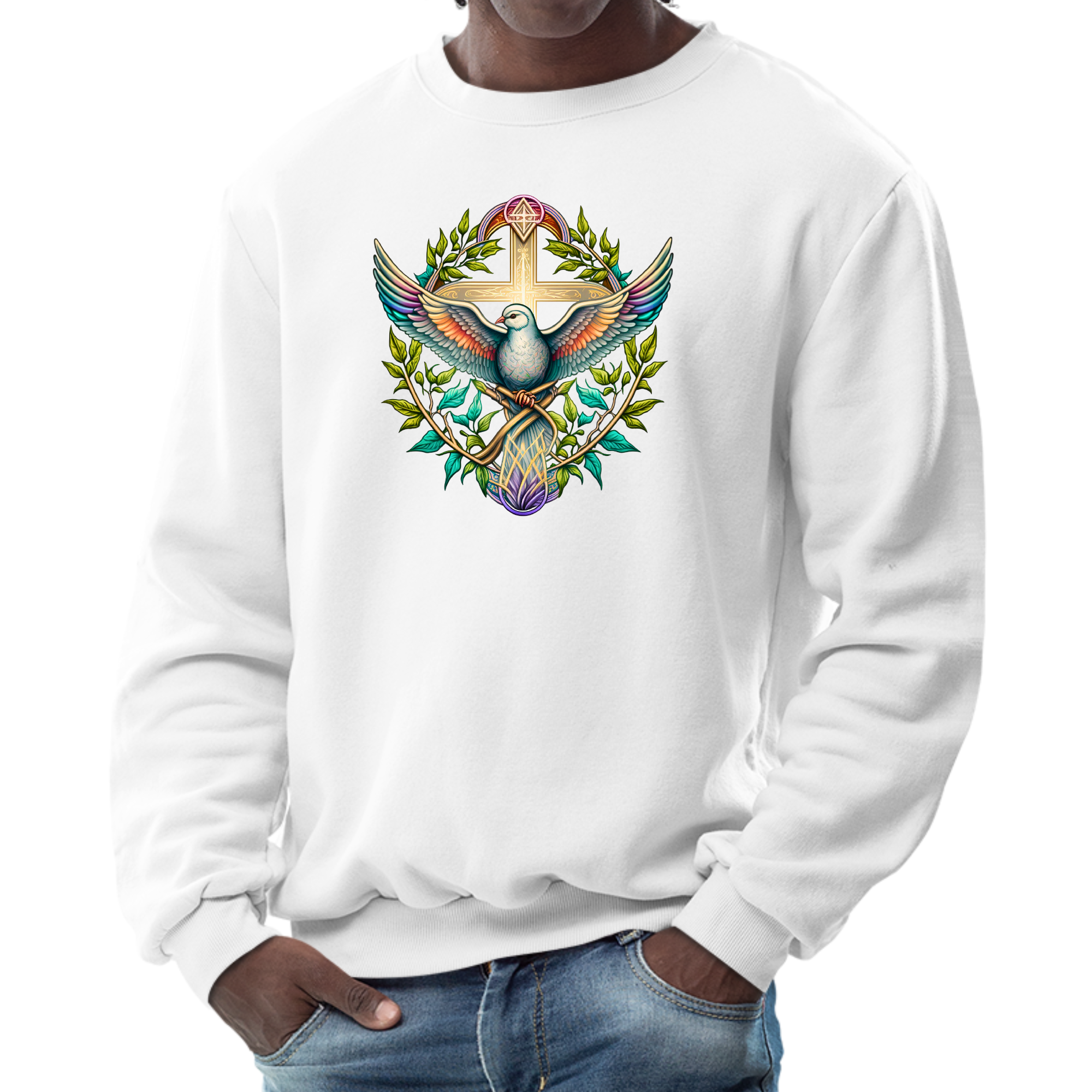Mens long sleeve graphic sweatshirt featuring a blue green multicolor dove floral design, perfect for casual wear.