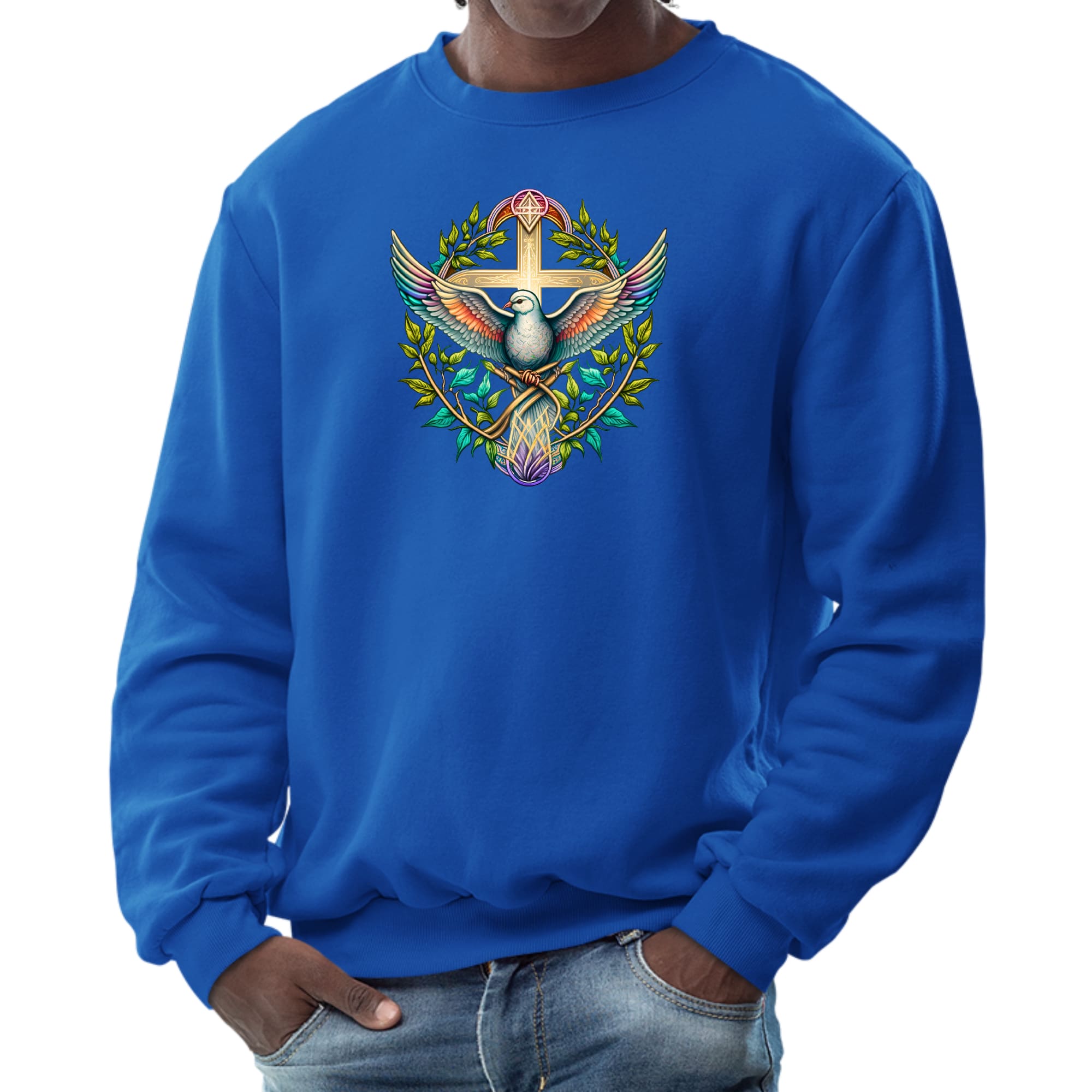 Mens long sleeve graphic sweatshirt featuring a blue green multicolor dove floral design, perfect for casual wear.