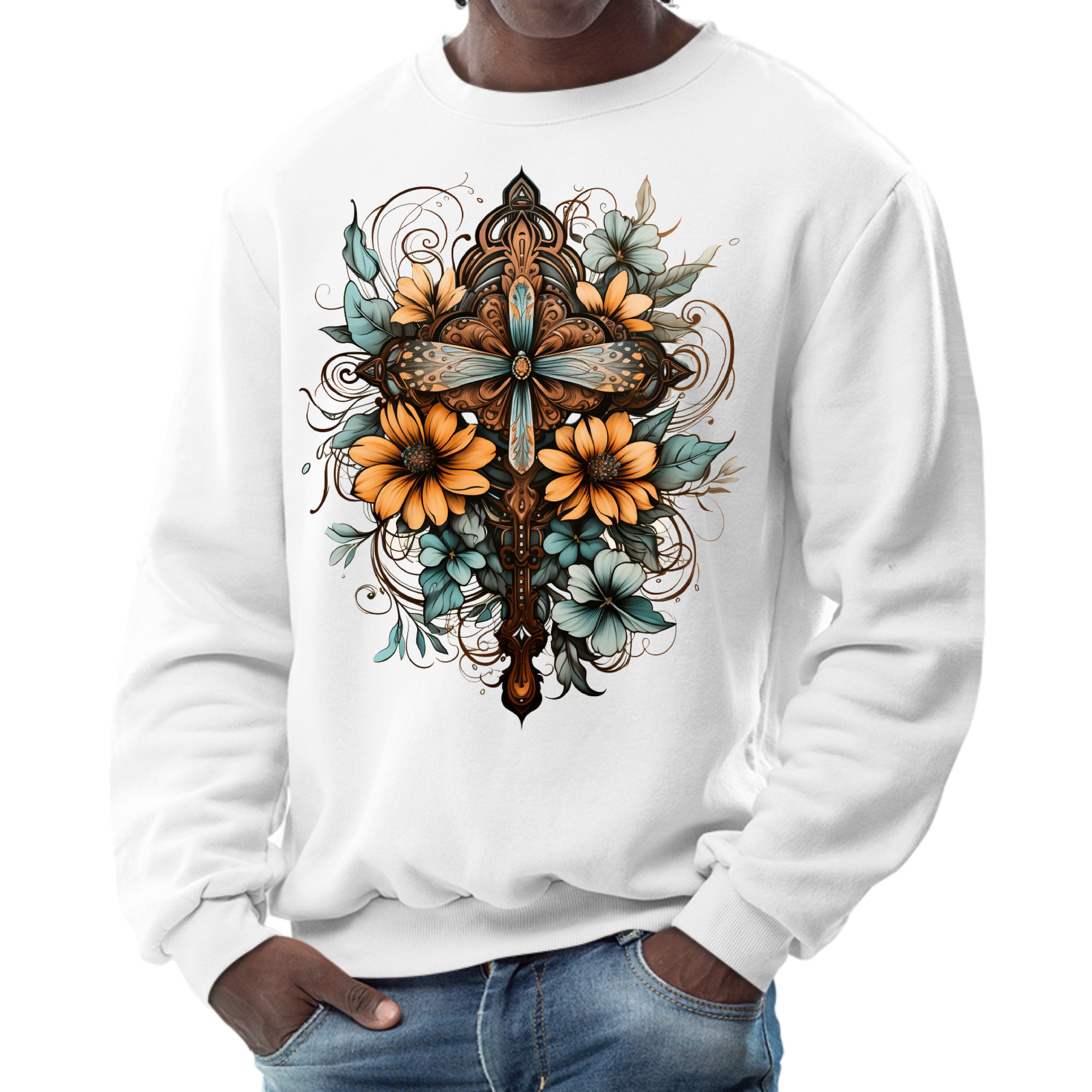 Men's graphic sweatshirt featuring a Christian cross floral bouquet design in brown and blue, showcasing a comfortable crewneck style.