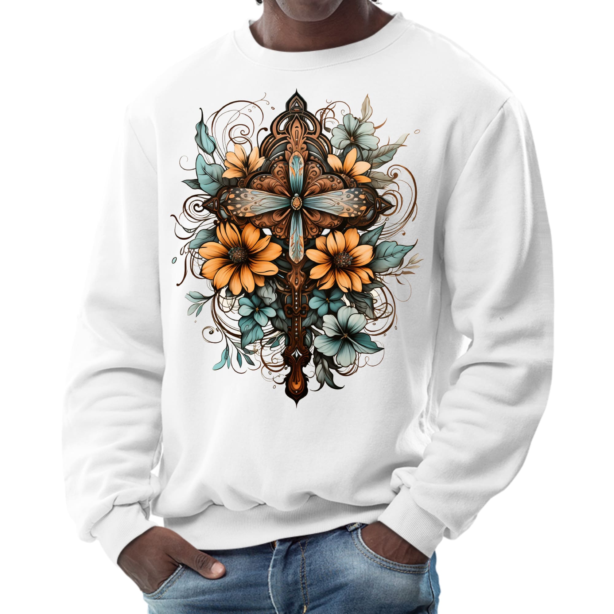 Men's graphic sweatshirt featuring a Christian cross floral bouquet design in brown and blue, showcasing a comfortable crewneck style.