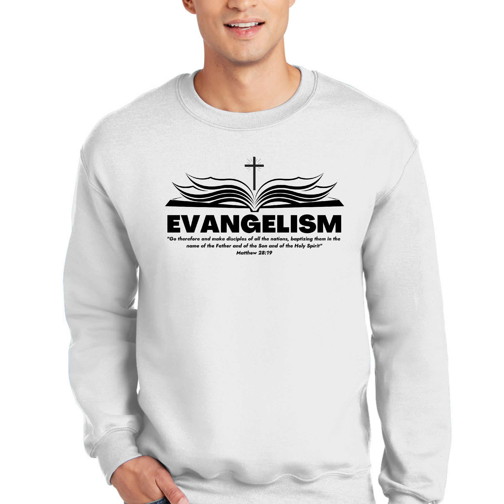 Men's Graphic Sweatshirt with 'Go Therefore and Make Disciples' print, featuring a comfortable crewneck design and ribbed cuffs.