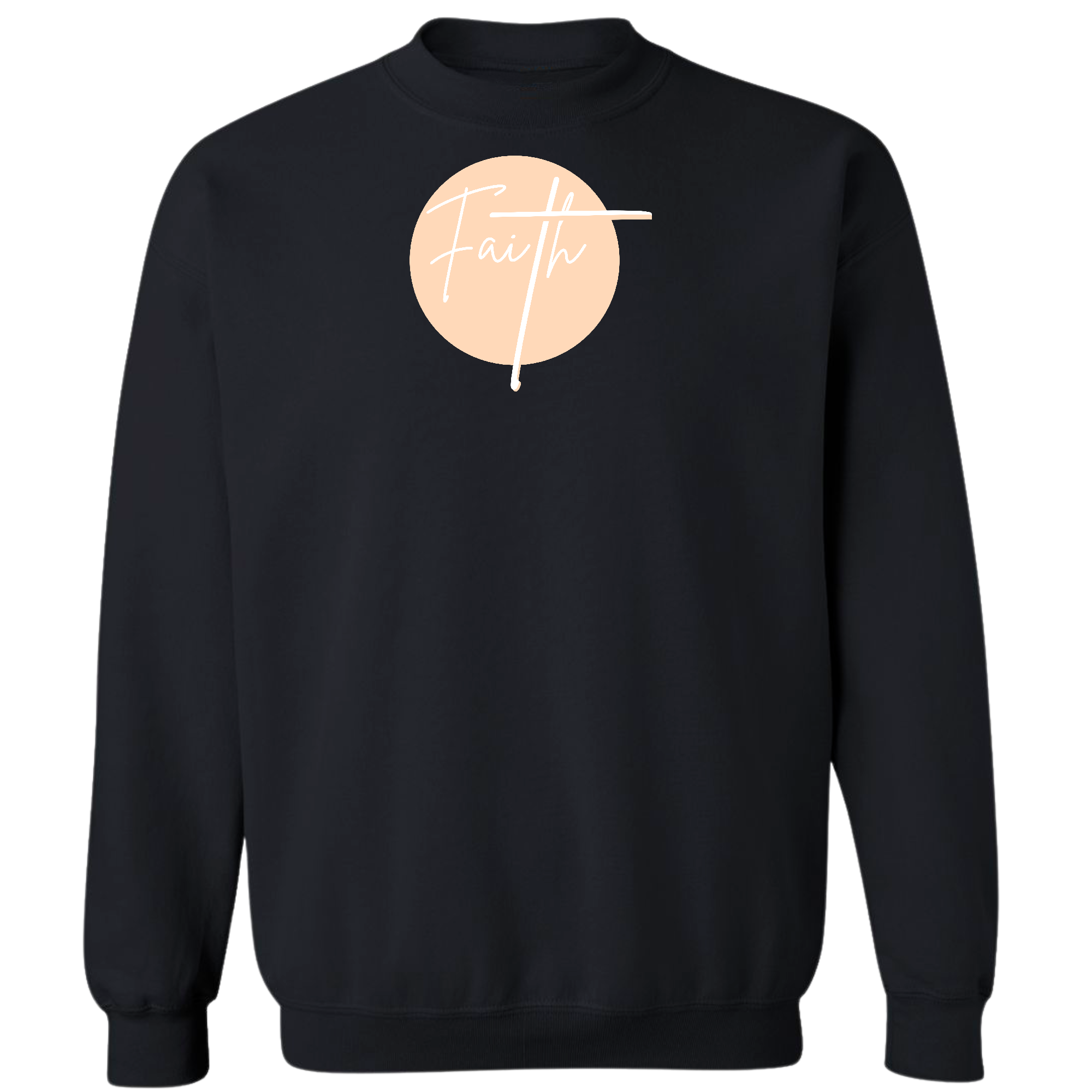 Men's graphic sweatshirt in peach featuring a Christian affirmation design, showcasing long sleeves and ribbed collar.