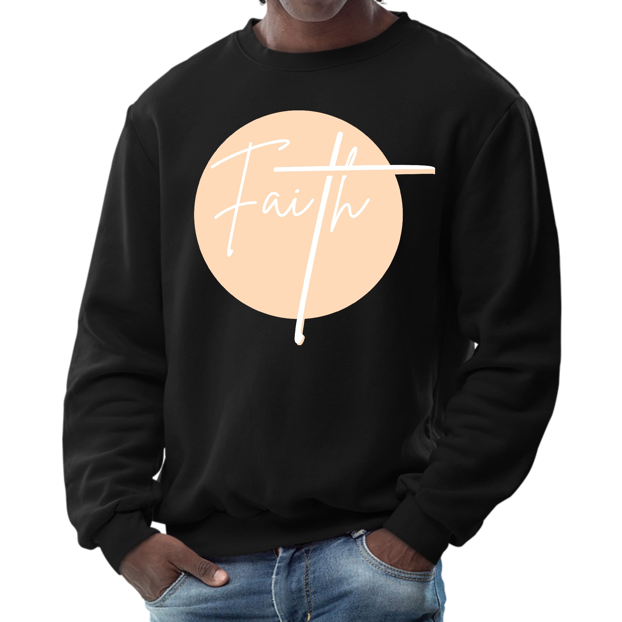 Men's graphic sweatshirt in peach featuring a Christian affirmation design, showcasing long sleeves and ribbed collar.