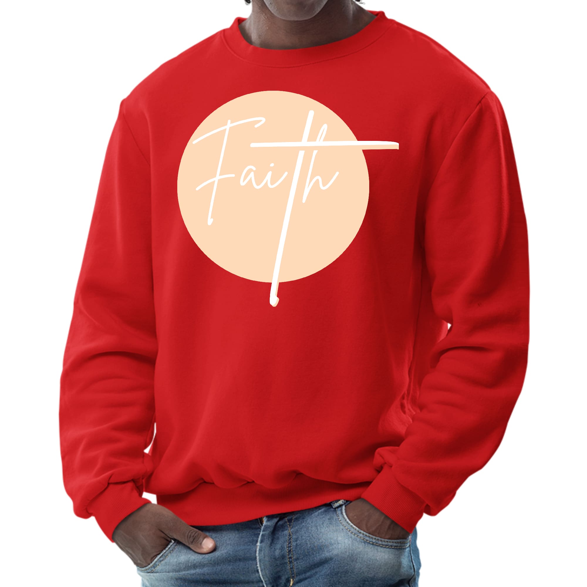 Men's graphic sweatshirt in peach featuring a Christian affirmation design, showcasing long sleeves and ribbed collar.