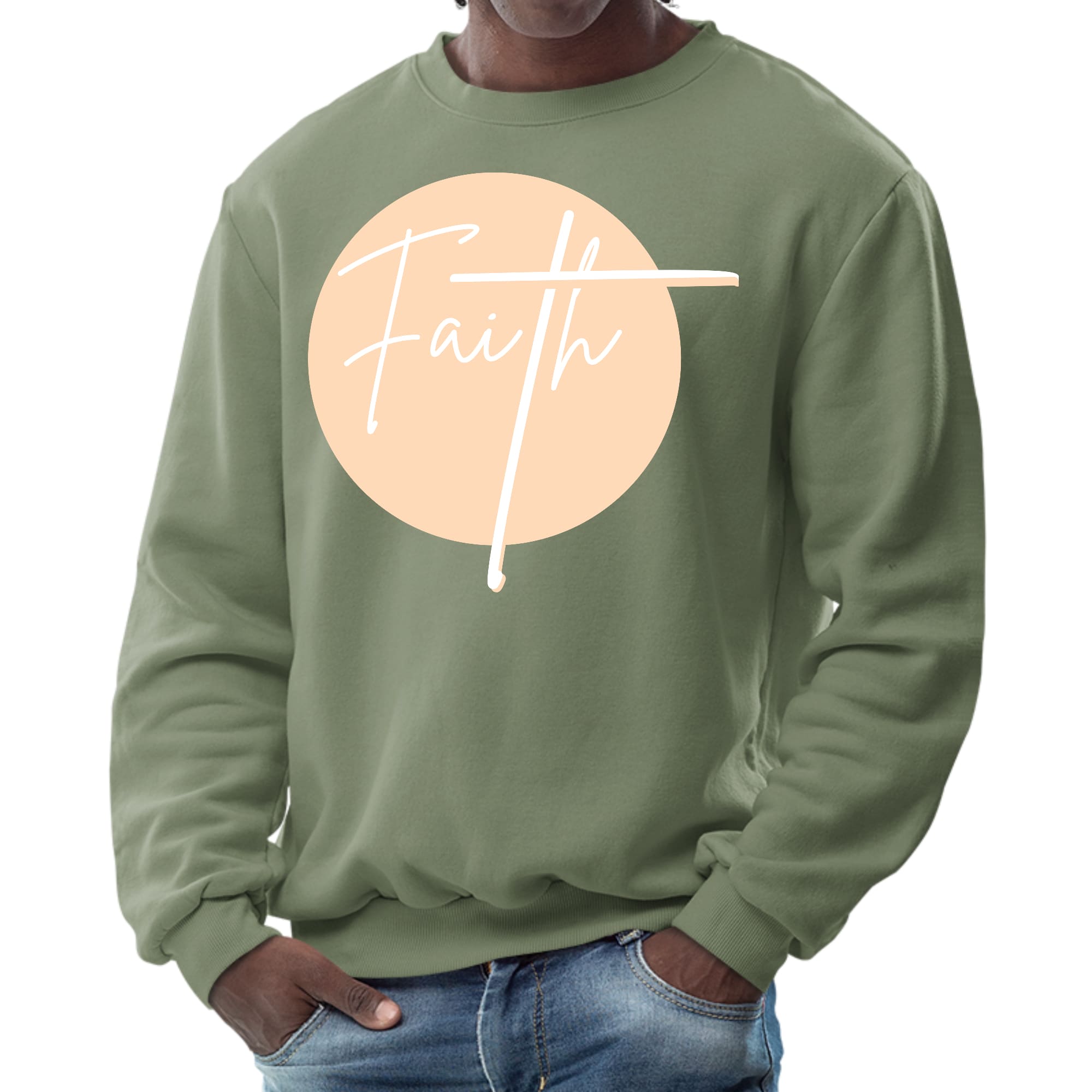 Men's graphic sweatshirt in peach featuring a Christian affirmation design, showcasing long sleeves and ribbed collar.