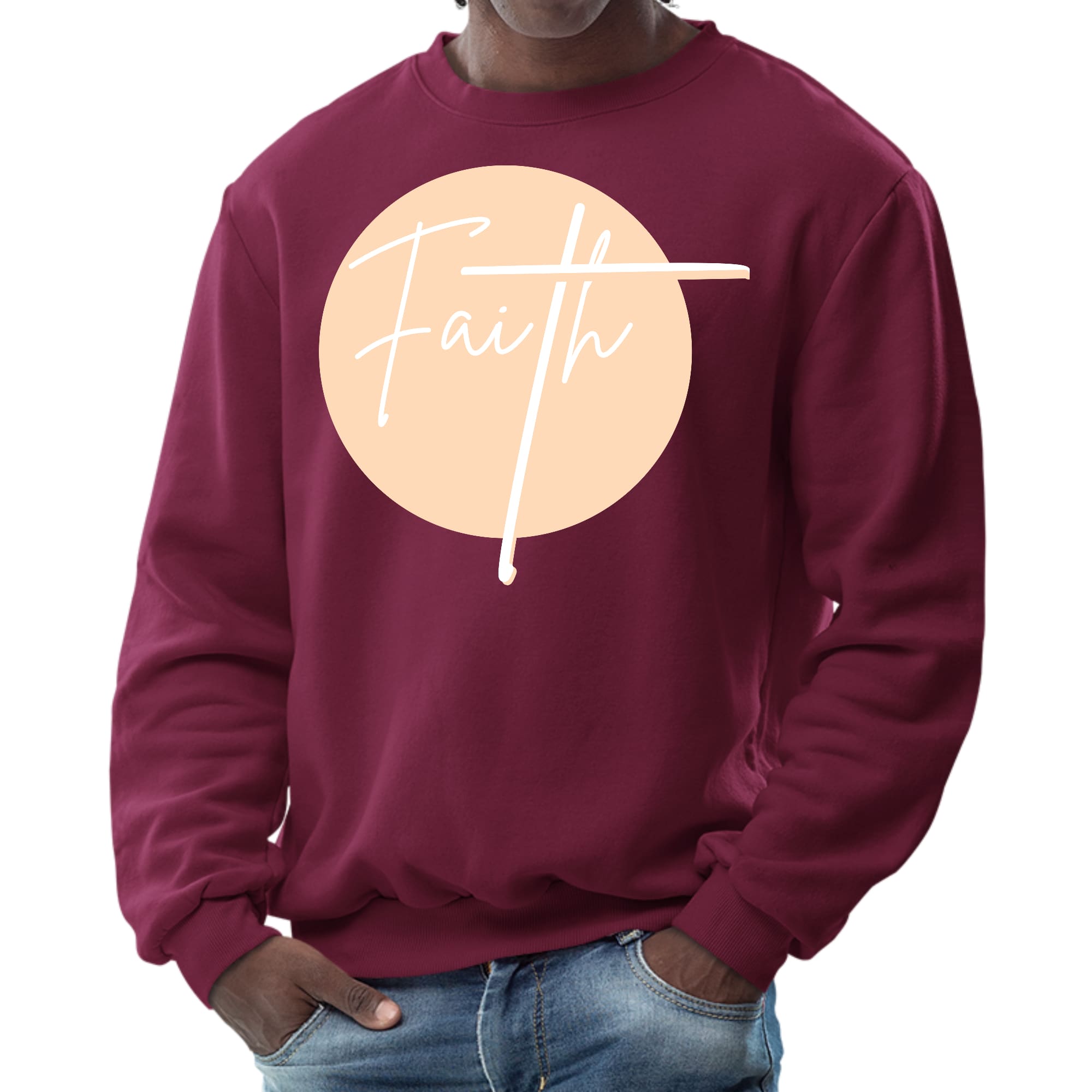 Men's graphic sweatshirt in peach featuring a Christian affirmation design, showcasing long sleeves and ribbed collar.