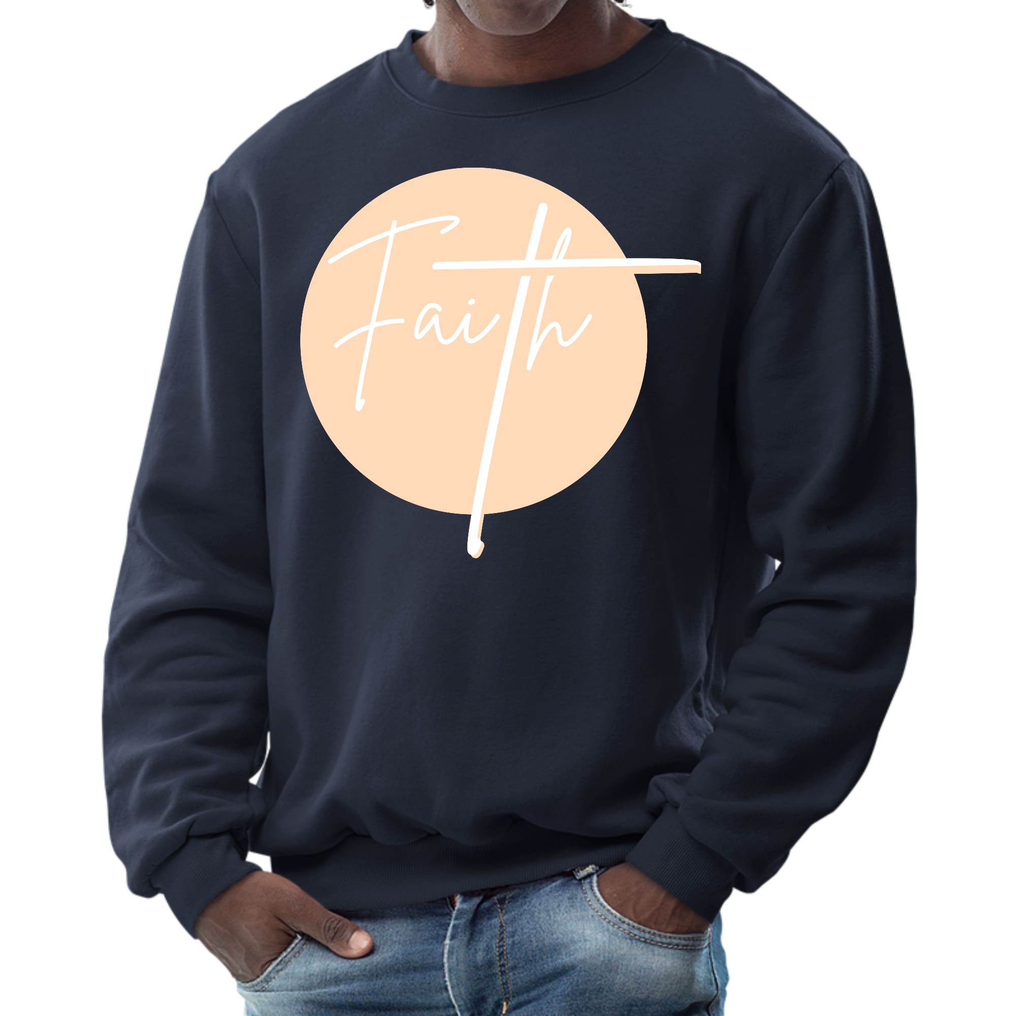 Men's graphic sweatshirt in peach featuring a Christian affirmation design, showcasing long sleeves and ribbed collar.