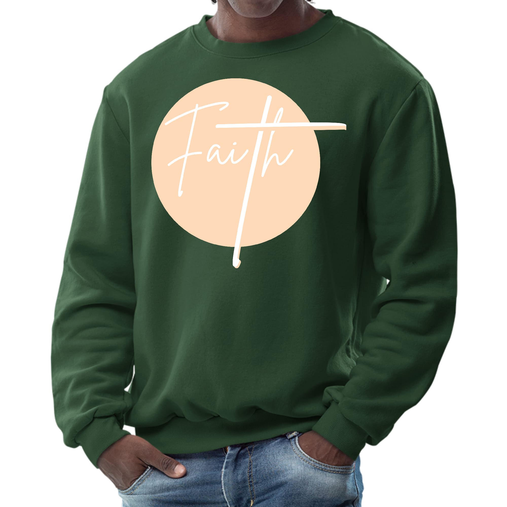 Men's graphic sweatshirt in peach featuring a Christian affirmation design, showcasing long sleeves and ribbed collar.