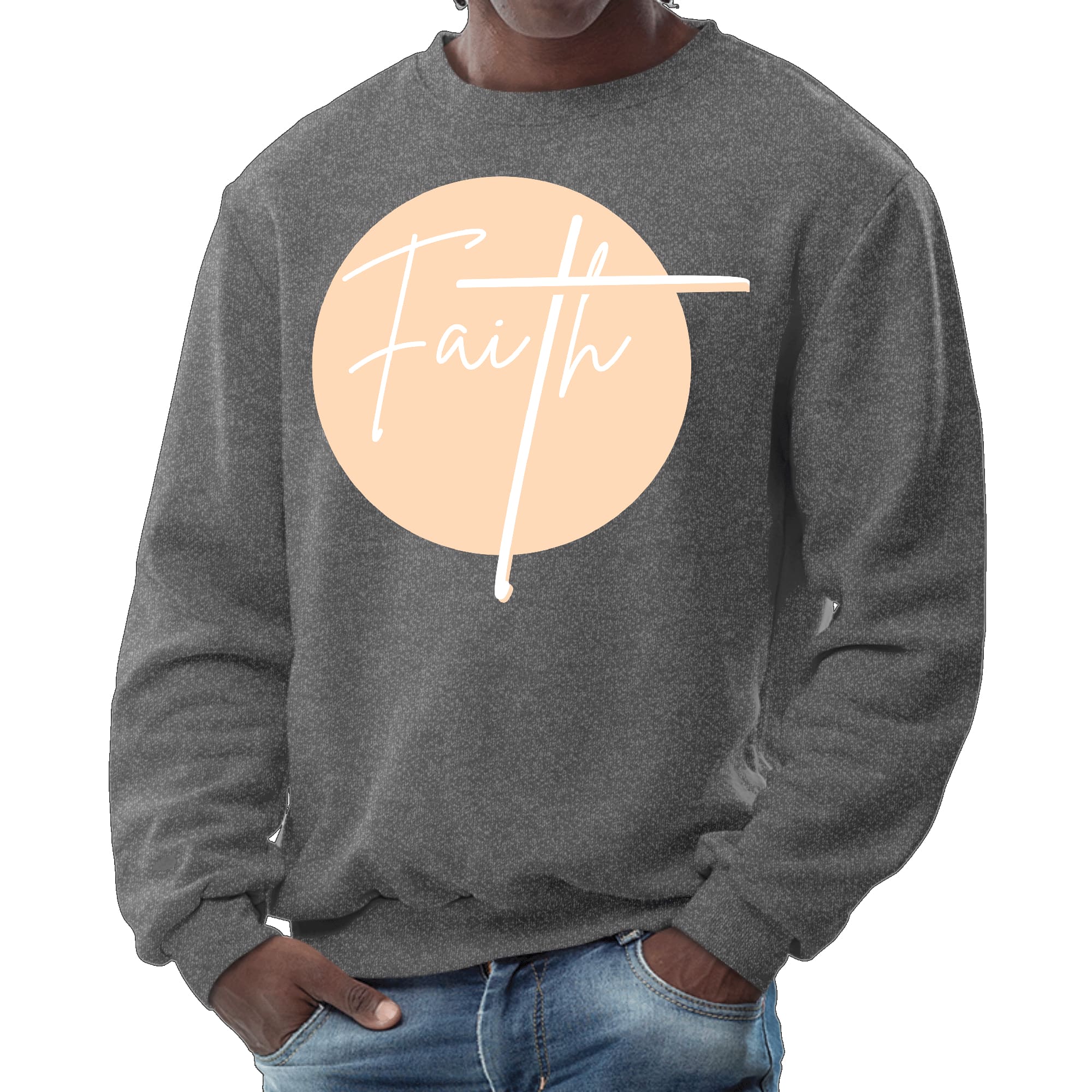 Men's graphic sweatshirt in peach featuring a Christian affirmation design, showcasing long sleeves and ribbed collar.