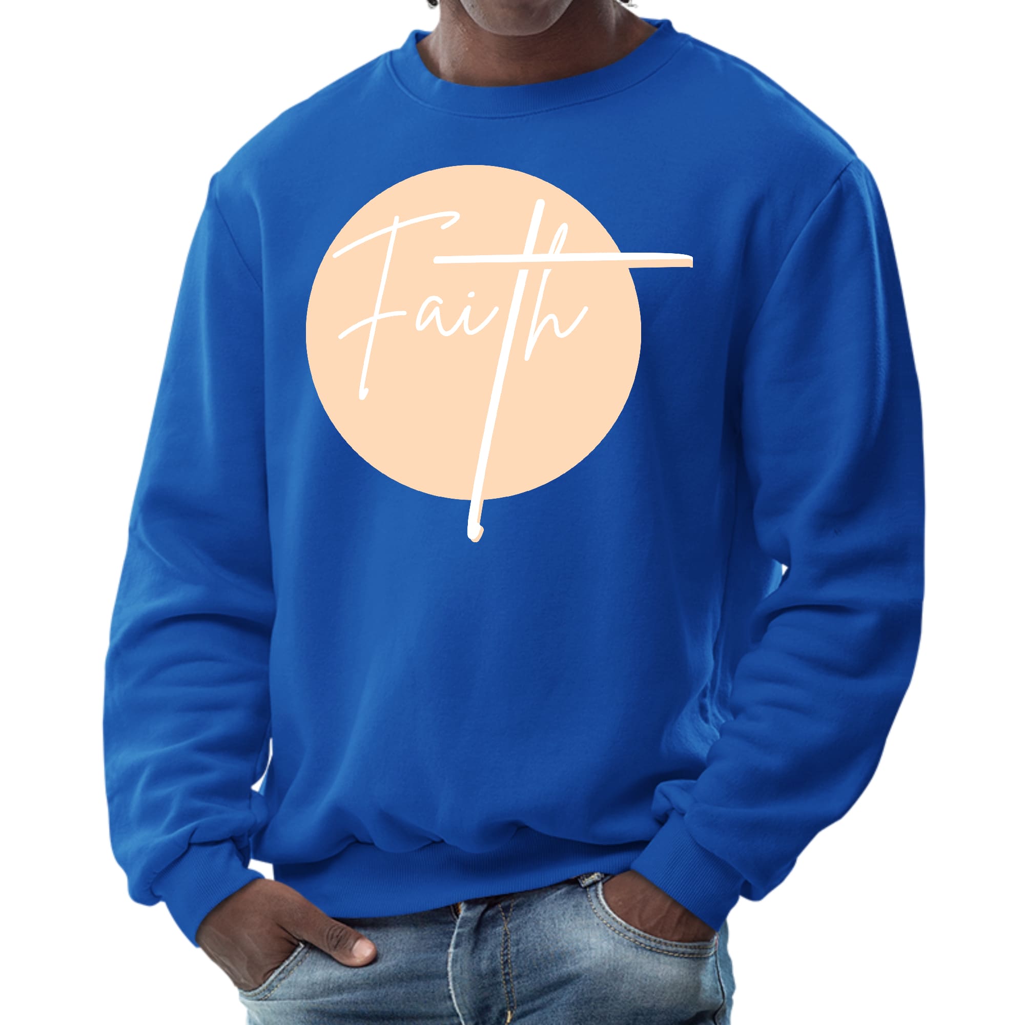 Men's graphic sweatshirt in peach featuring a Christian affirmation design, showcasing long sleeves and ribbed collar.