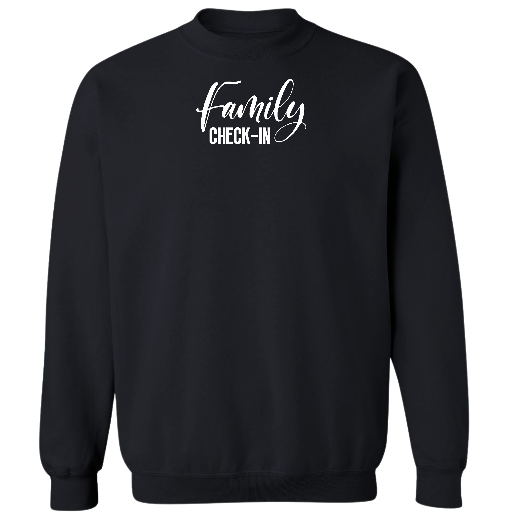 Men's Graphic Sweatshirt featuring Family Check-in illustration, showcasing a comfortable and stylish design.