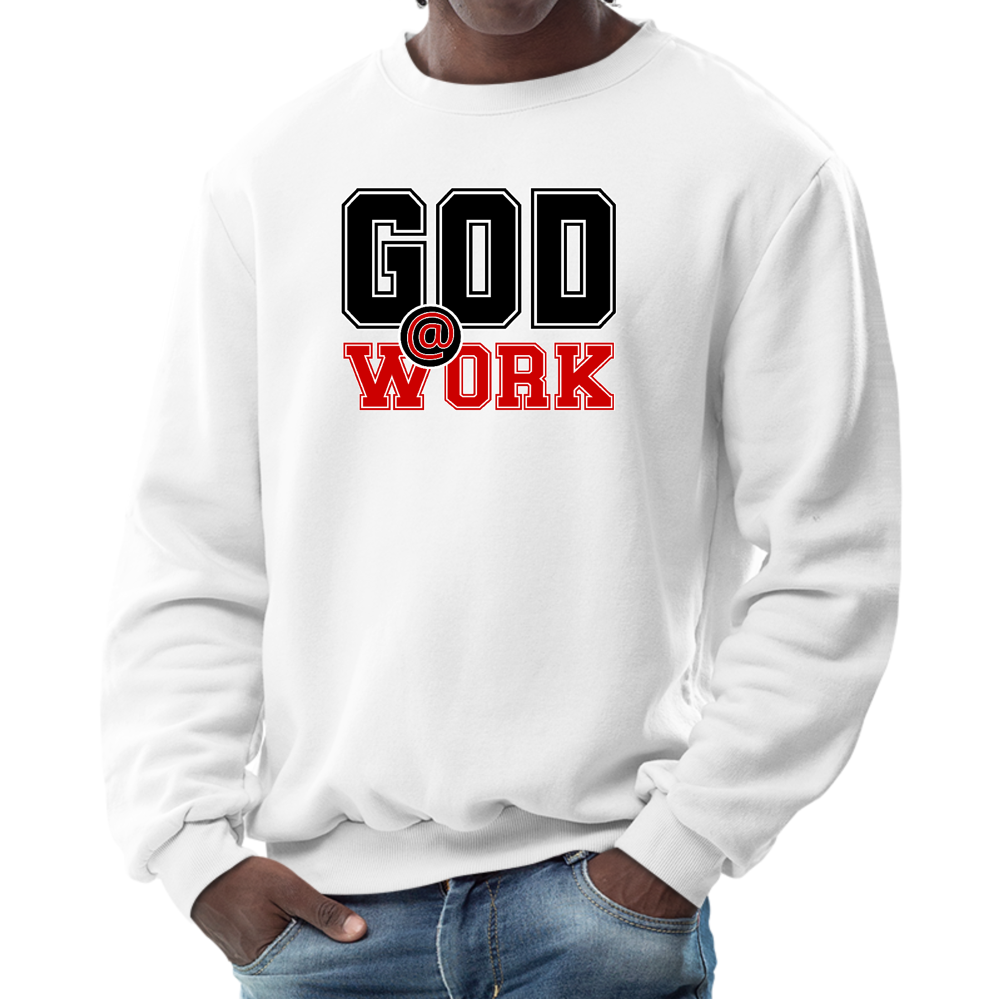 Mens Graphic Sweatshirt in black and red featuring God @ Work print, showcasing long sleeves and ribbed collar.