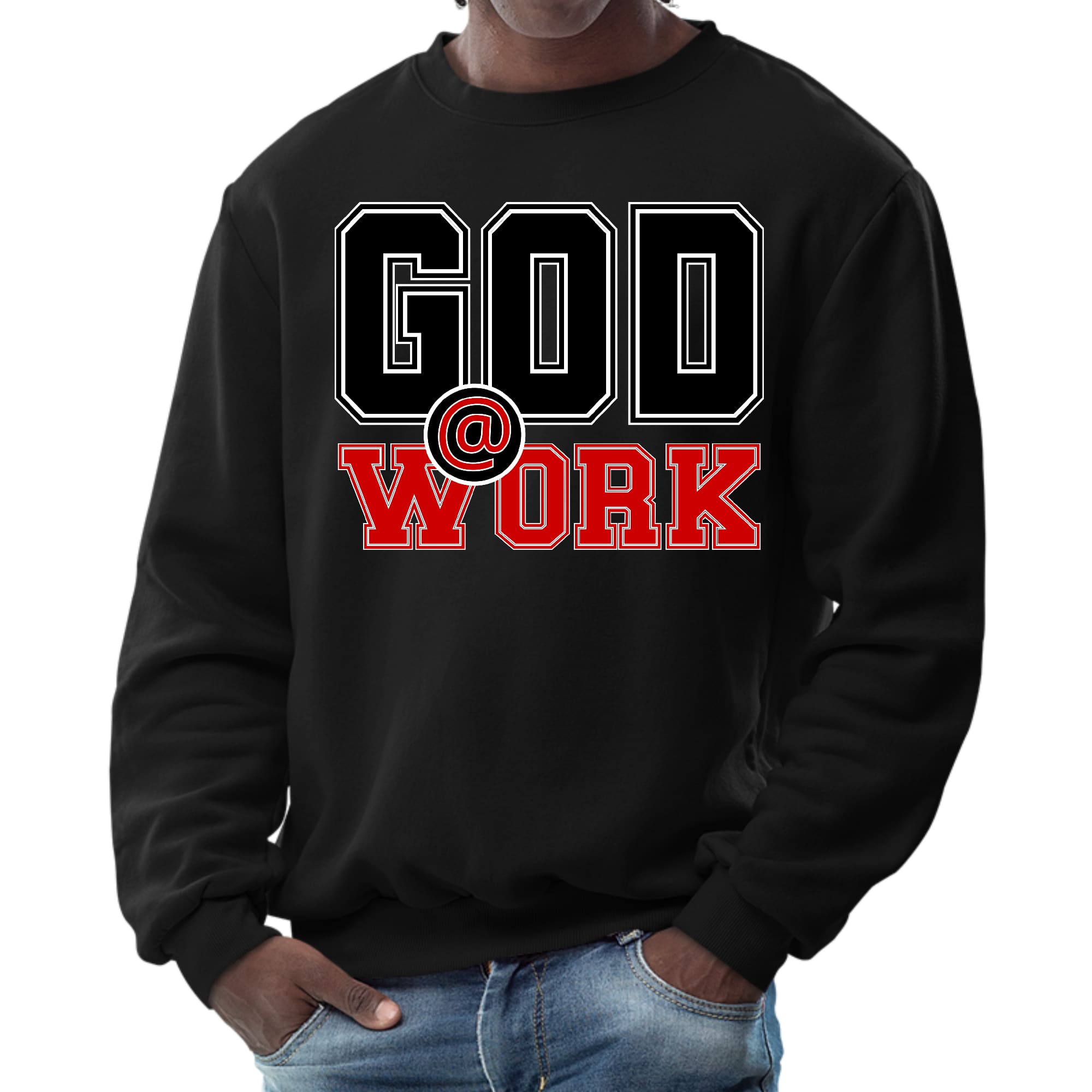 Mens Graphic Sweatshirt in black and red featuring God @ Work print, showcasing long sleeves and ribbed collar.