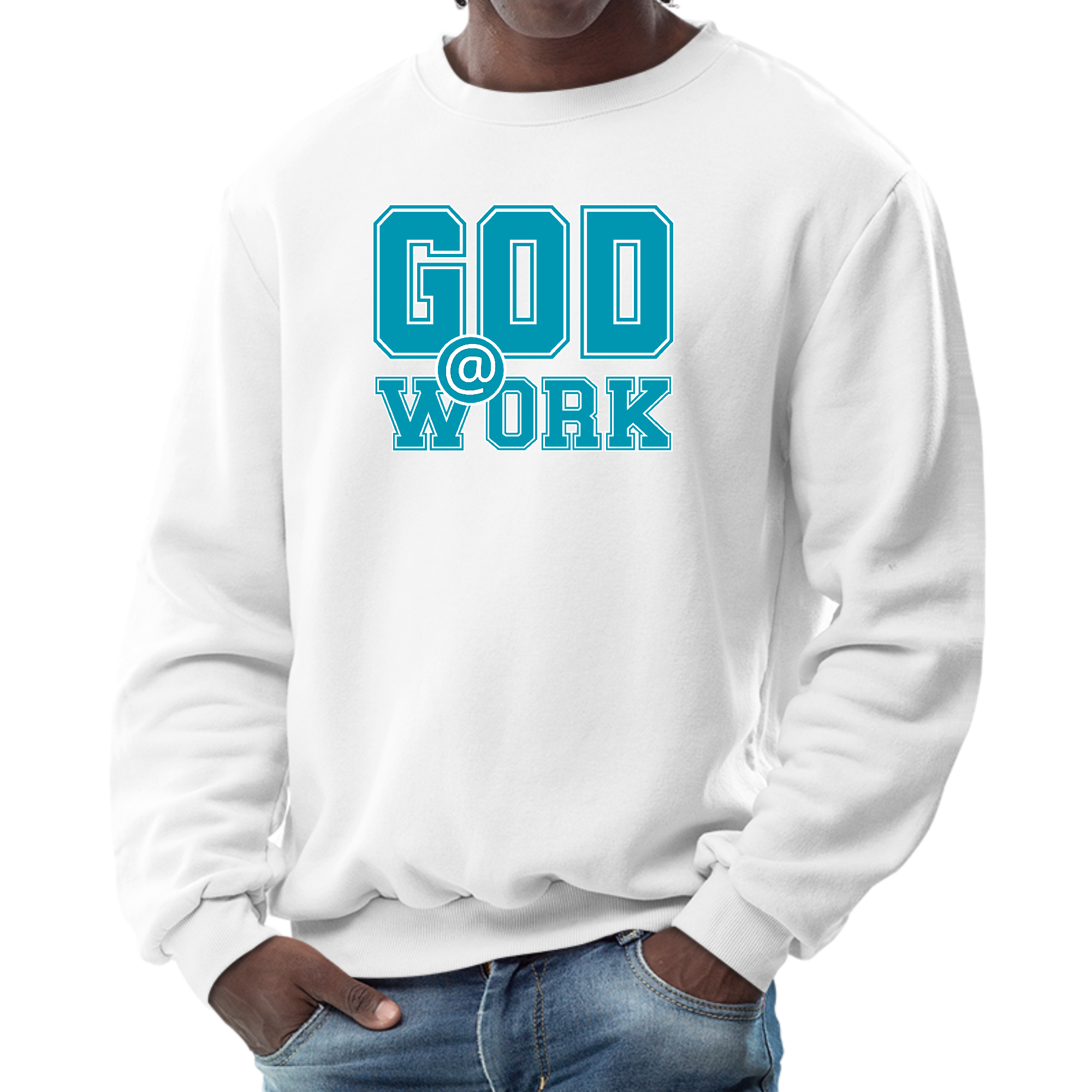 Men's long sleeve graphic sweatshirt featuring a God @ Work print in blue, green, and white, perfect for casual wear.