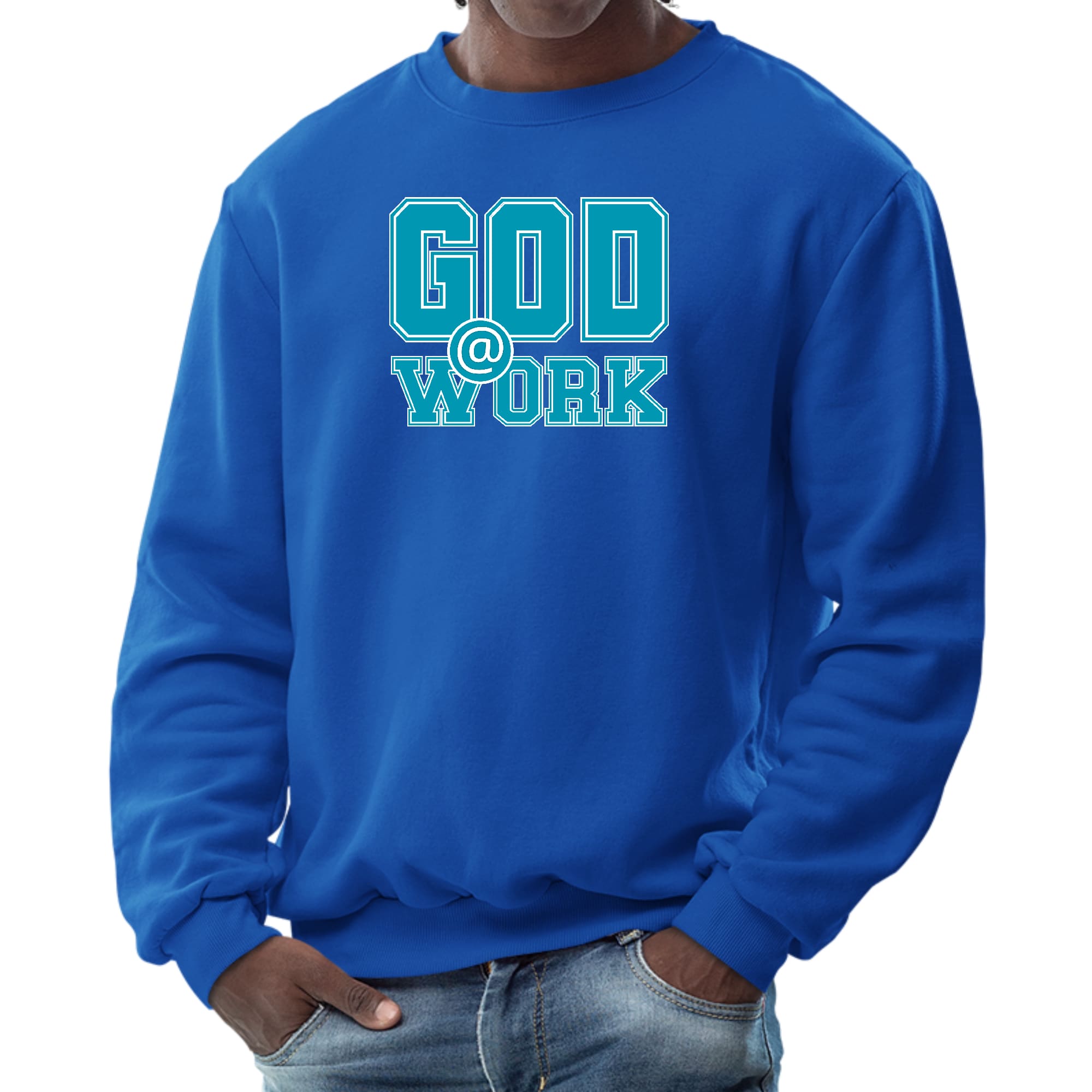 Men's long sleeve graphic sweatshirt featuring a God @ Work print in blue, green, and white, perfect for casual wear.
