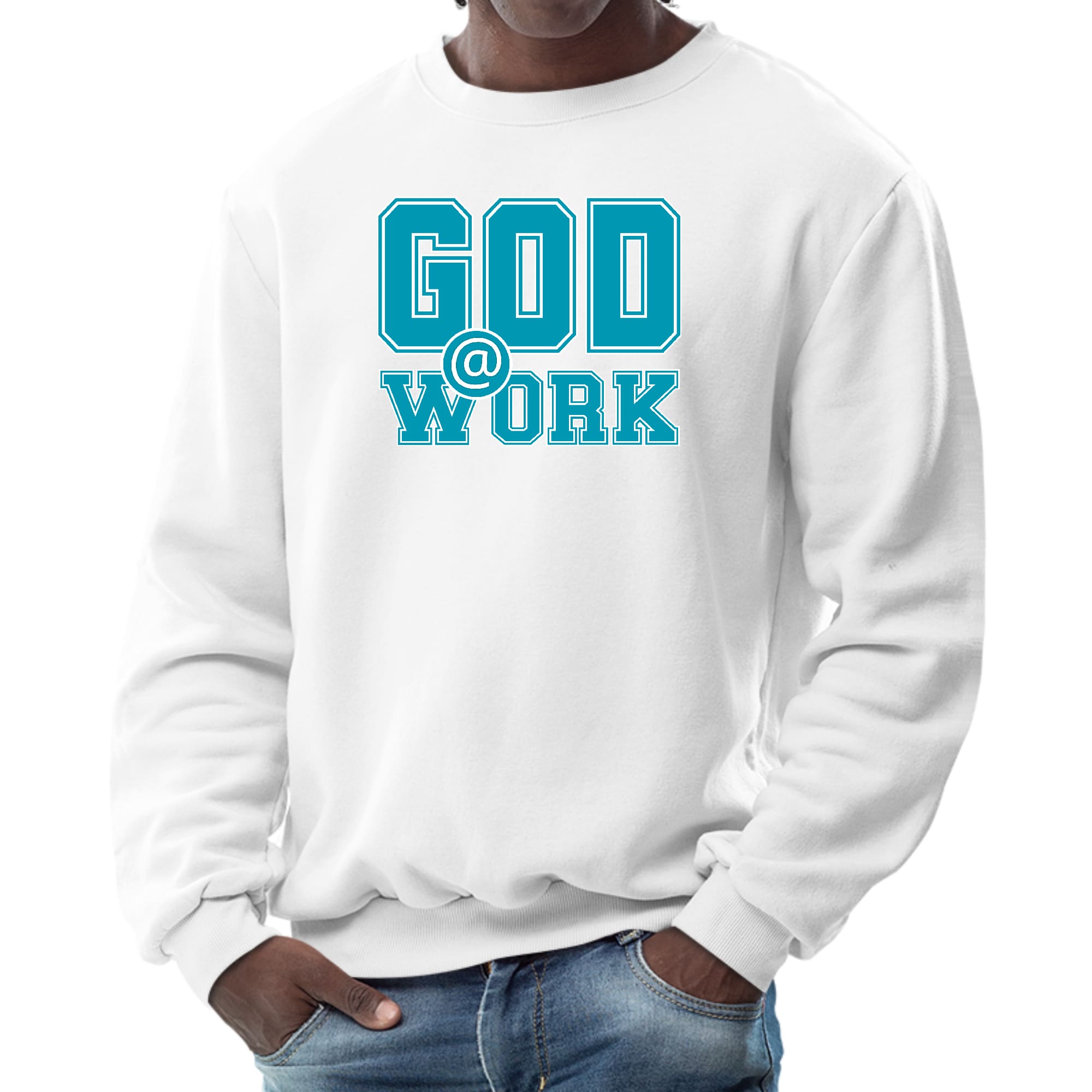 Men's long sleeve graphic sweatshirt featuring a God @ Work print in blue, green, and white, perfect for casual wear.