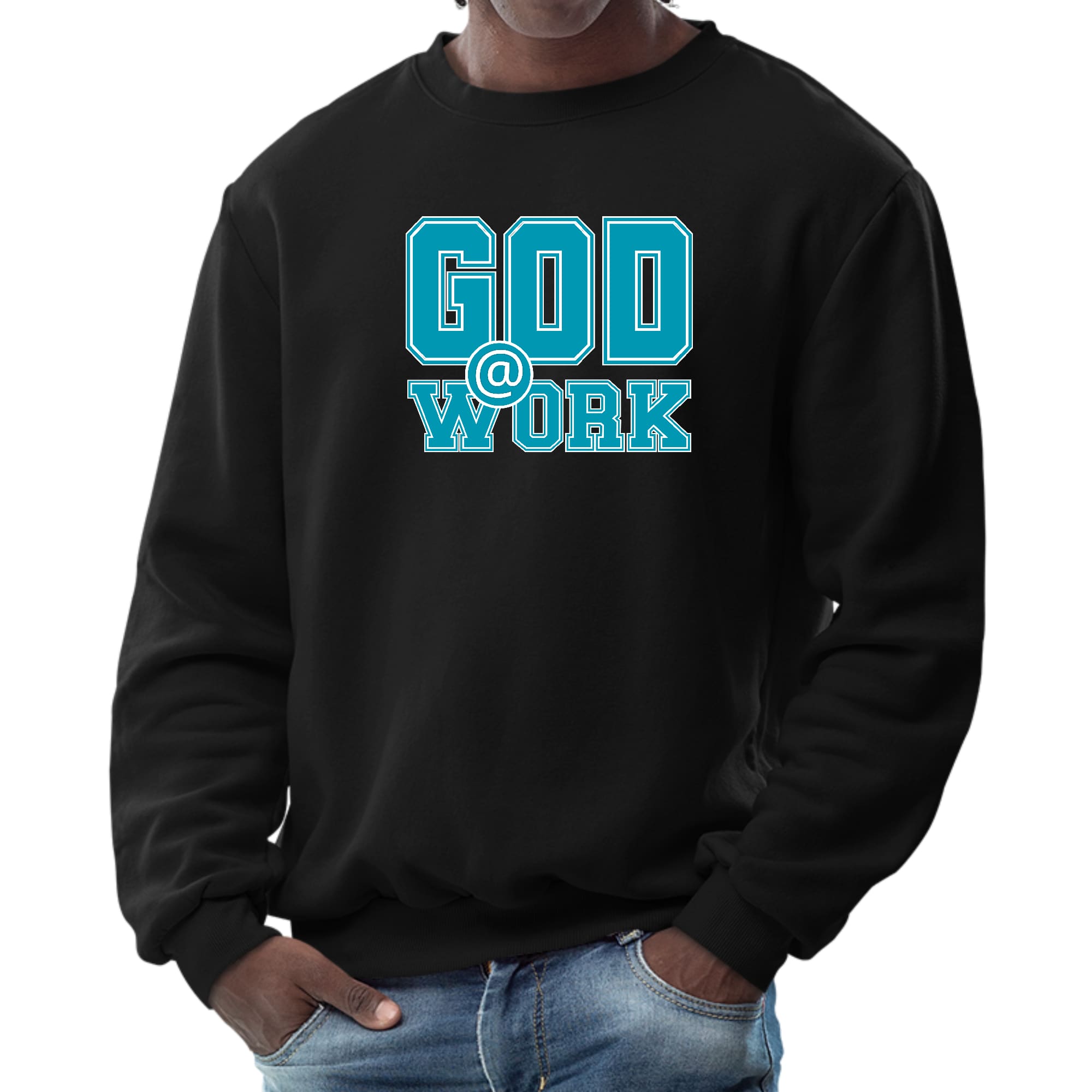 Men's long sleeve graphic sweatshirt featuring a God @ Work print in blue, green, and white, perfect for casual wear.