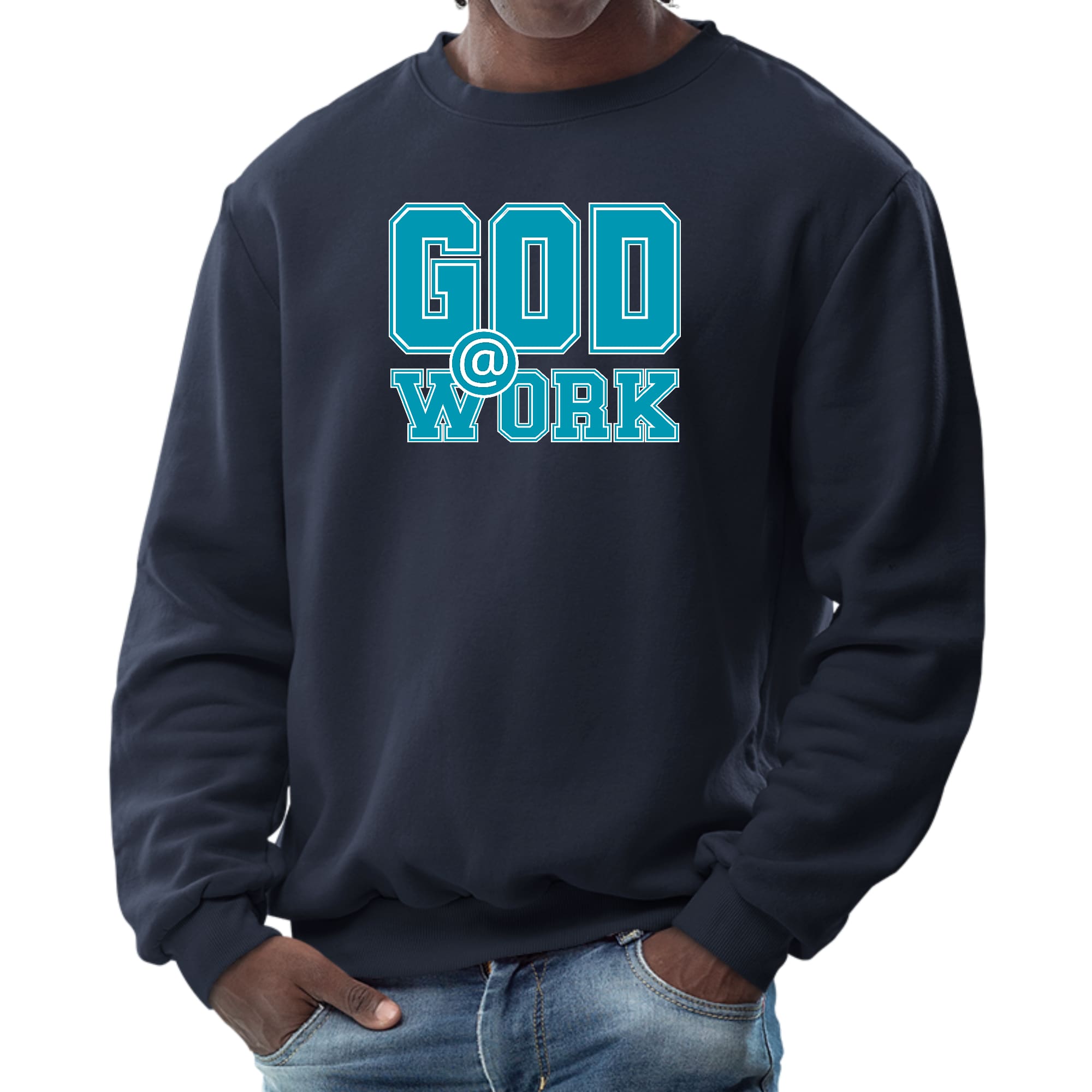 Men's long sleeve graphic sweatshirt featuring a God @ Work print in blue, green, and white, perfect for casual wear.