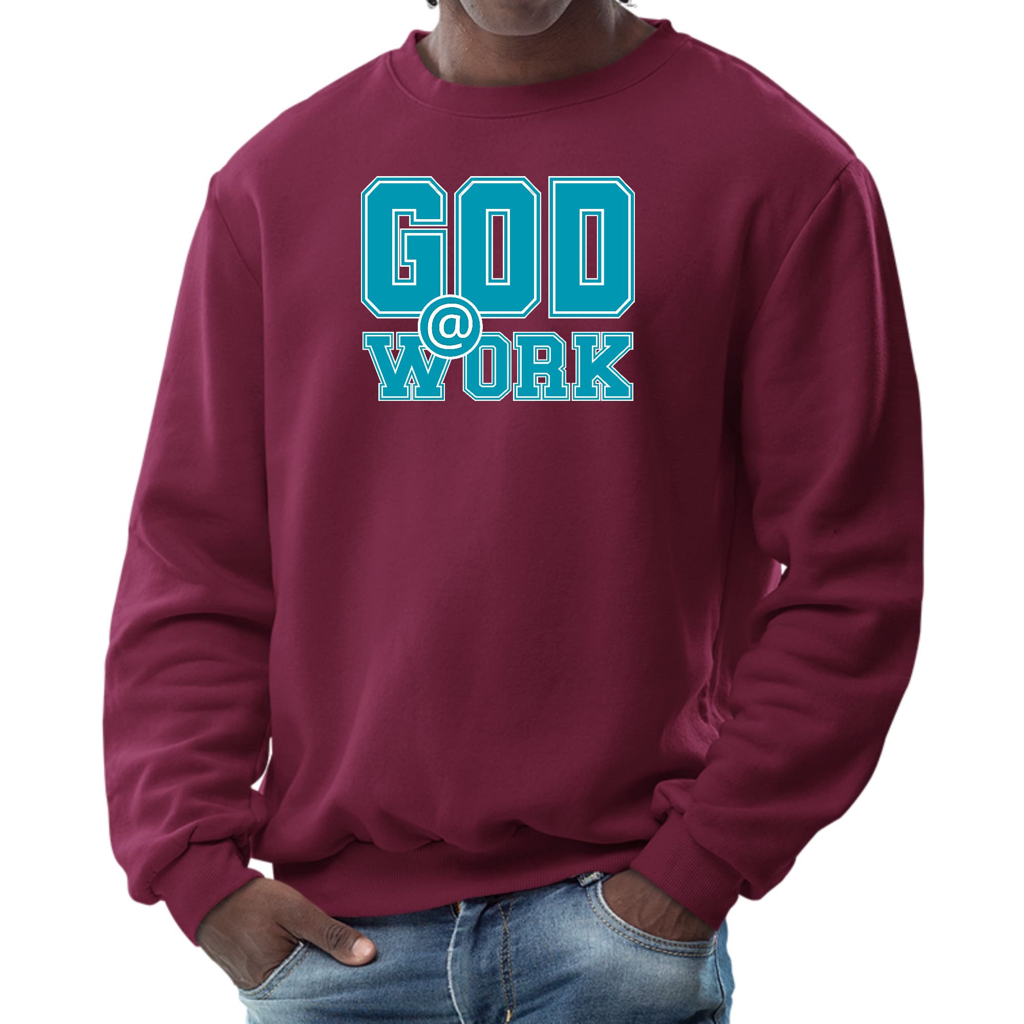 Men's long sleeve graphic sweatshirt featuring a God @ Work print in blue, green, and white, perfect for casual wear.