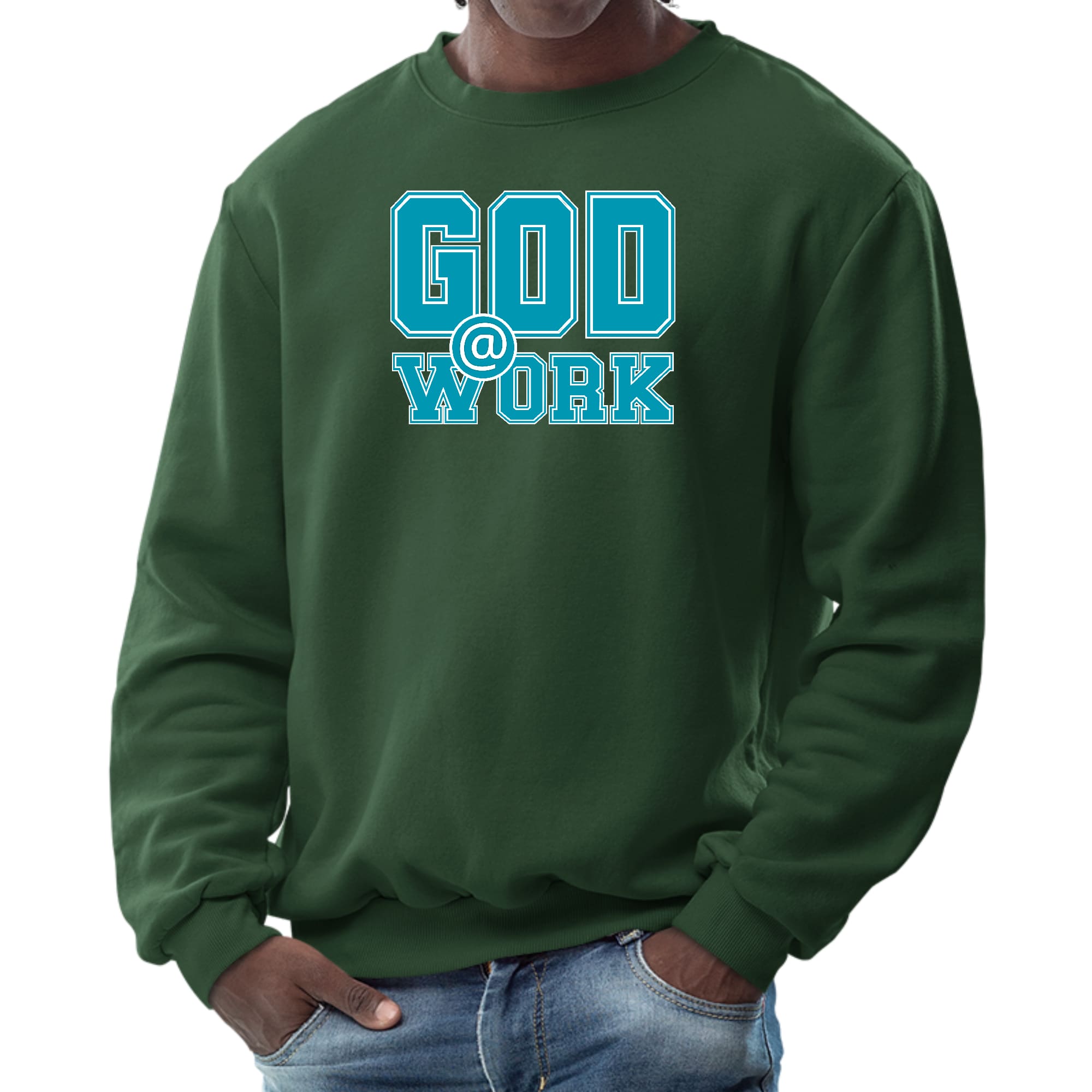 Men's long sleeve graphic sweatshirt featuring a God @ Work print in blue, green, and white, perfect for casual wear.