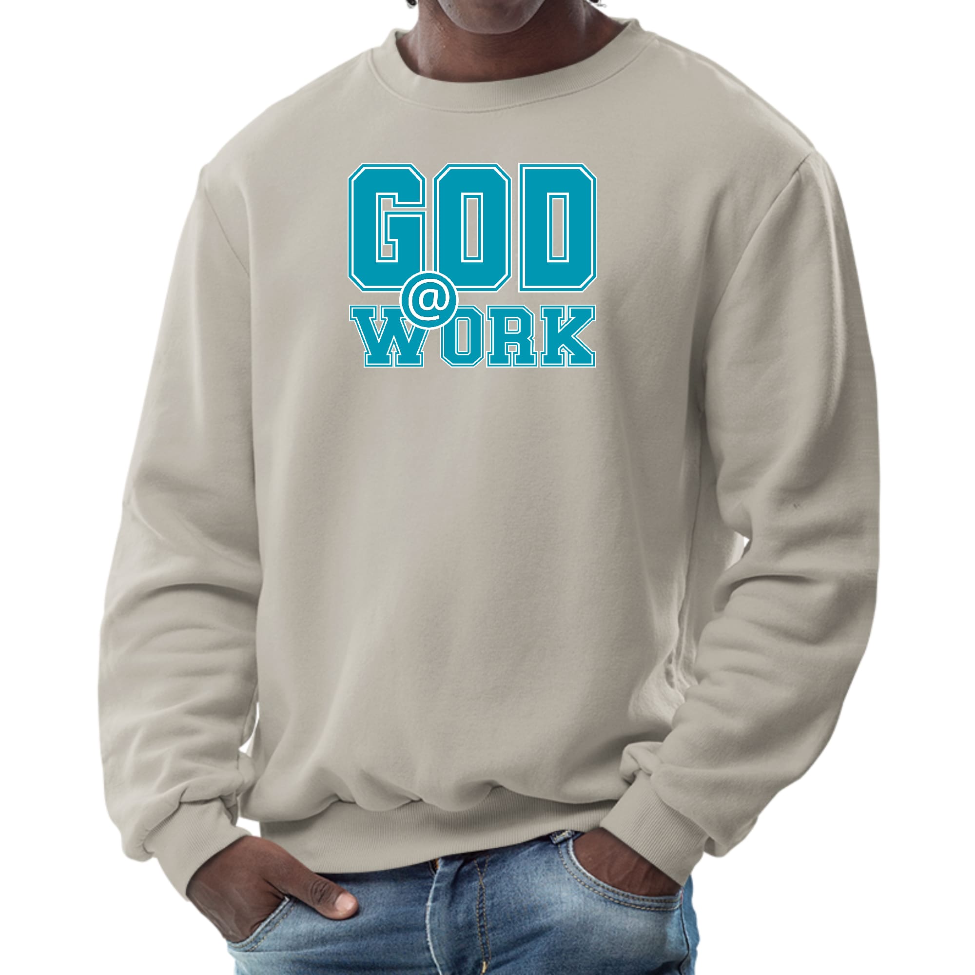 Men's long sleeve graphic sweatshirt featuring a God @ Work print in blue, green, and white, perfect for casual wear.
