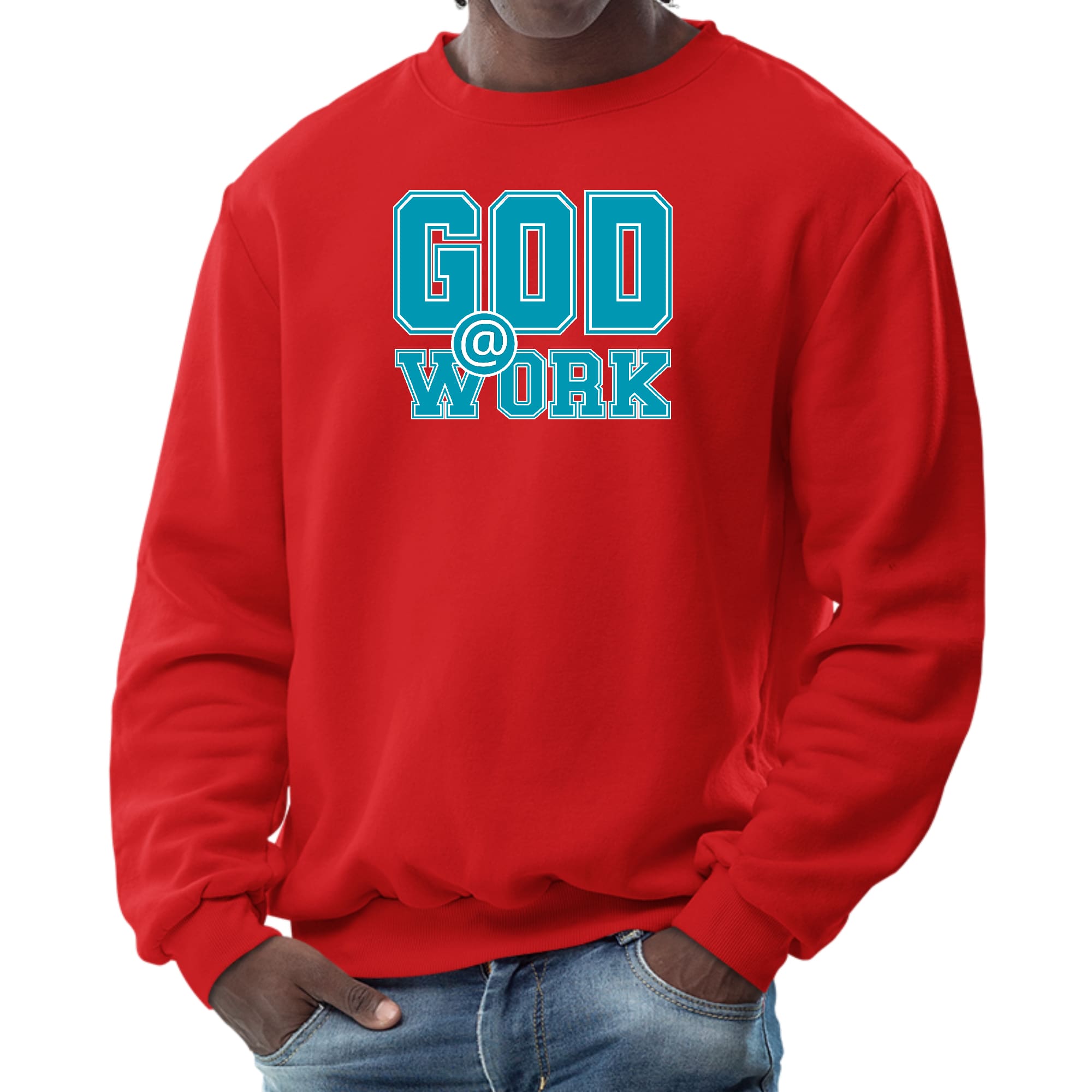 Men's long sleeve graphic sweatshirt featuring a God @ Work print in blue, green, and white, perfect for casual wear.