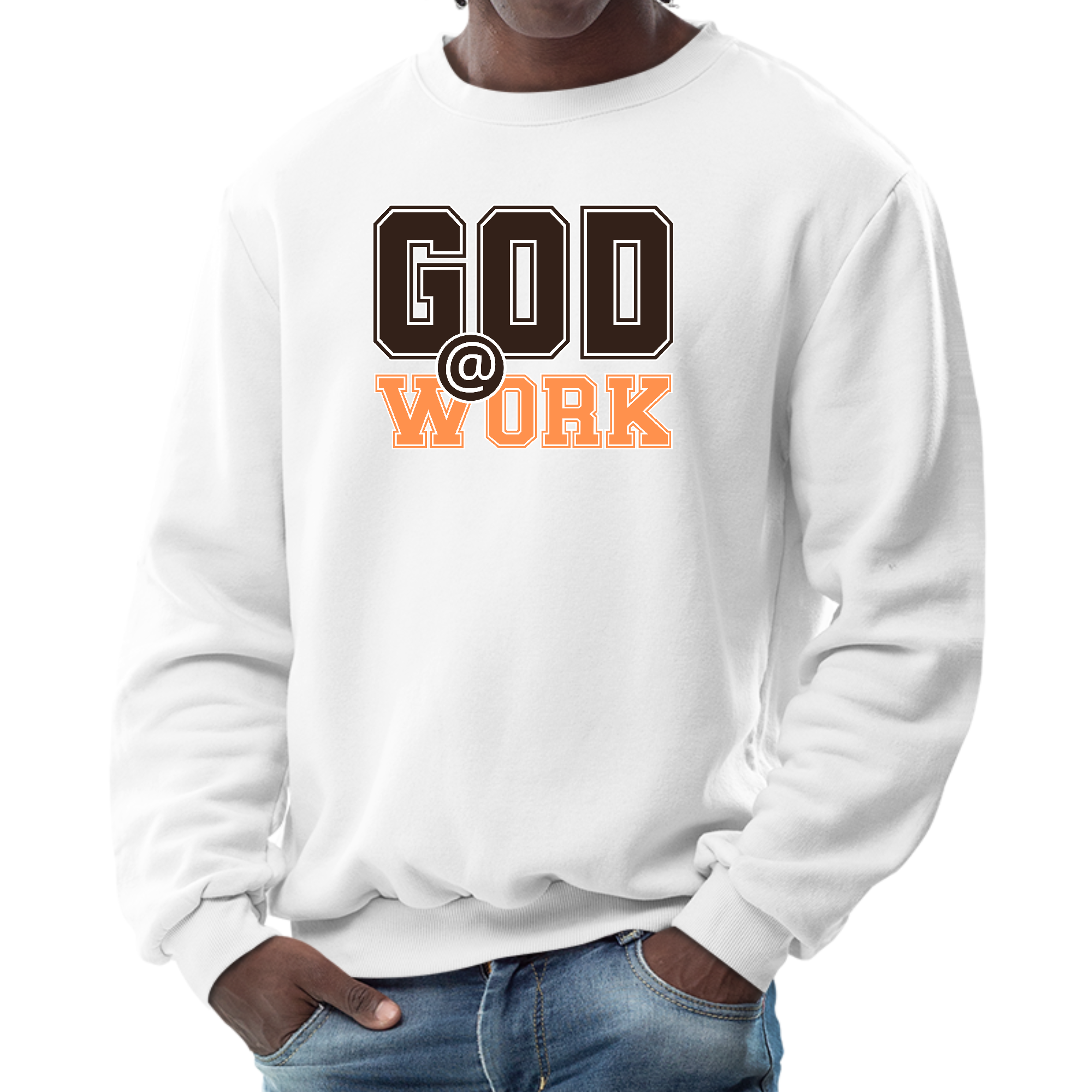 Men's long sleeve graphic sweatshirt featuring a God @ Work print in brown and orange, perfect for casual wear.