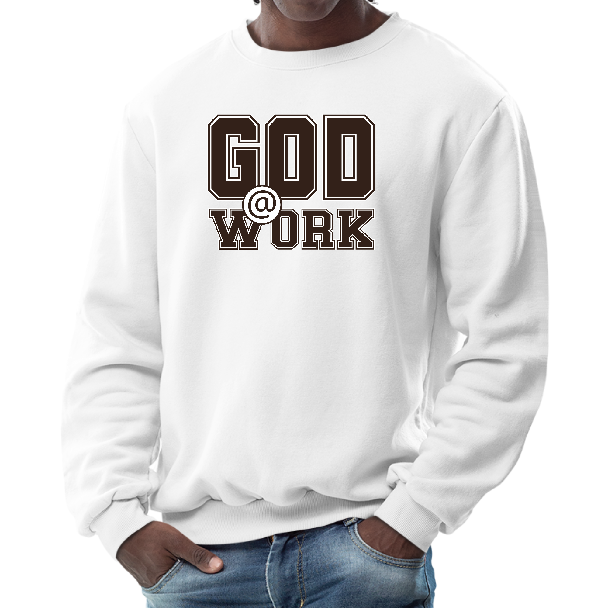 Men's long sleeve graphic sweatshirt in brown and white with 'God @ Work' print, featuring ribbed collar and cuffs.