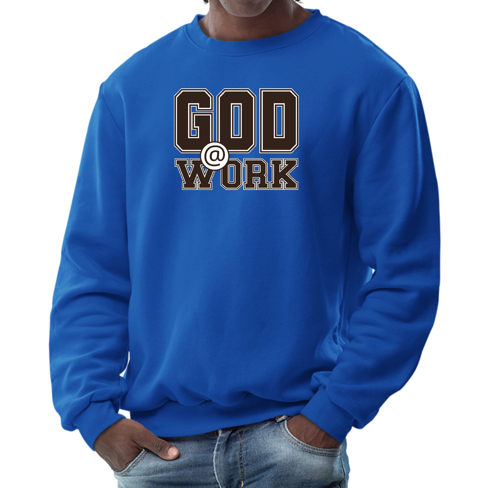 Men's long sleeve graphic sweatshirt in brown and white with 'God @ Work' print, featuring ribbed collar and cuffs.