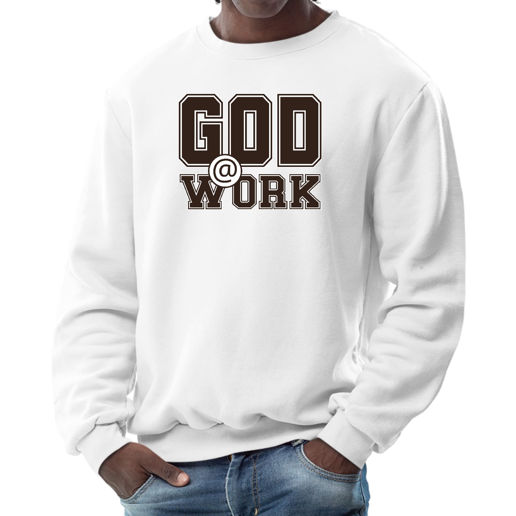 Men's long sleeve graphic sweatshirt in brown and white with 'God @ Work' print, featuring ribbed collar and cuffs.