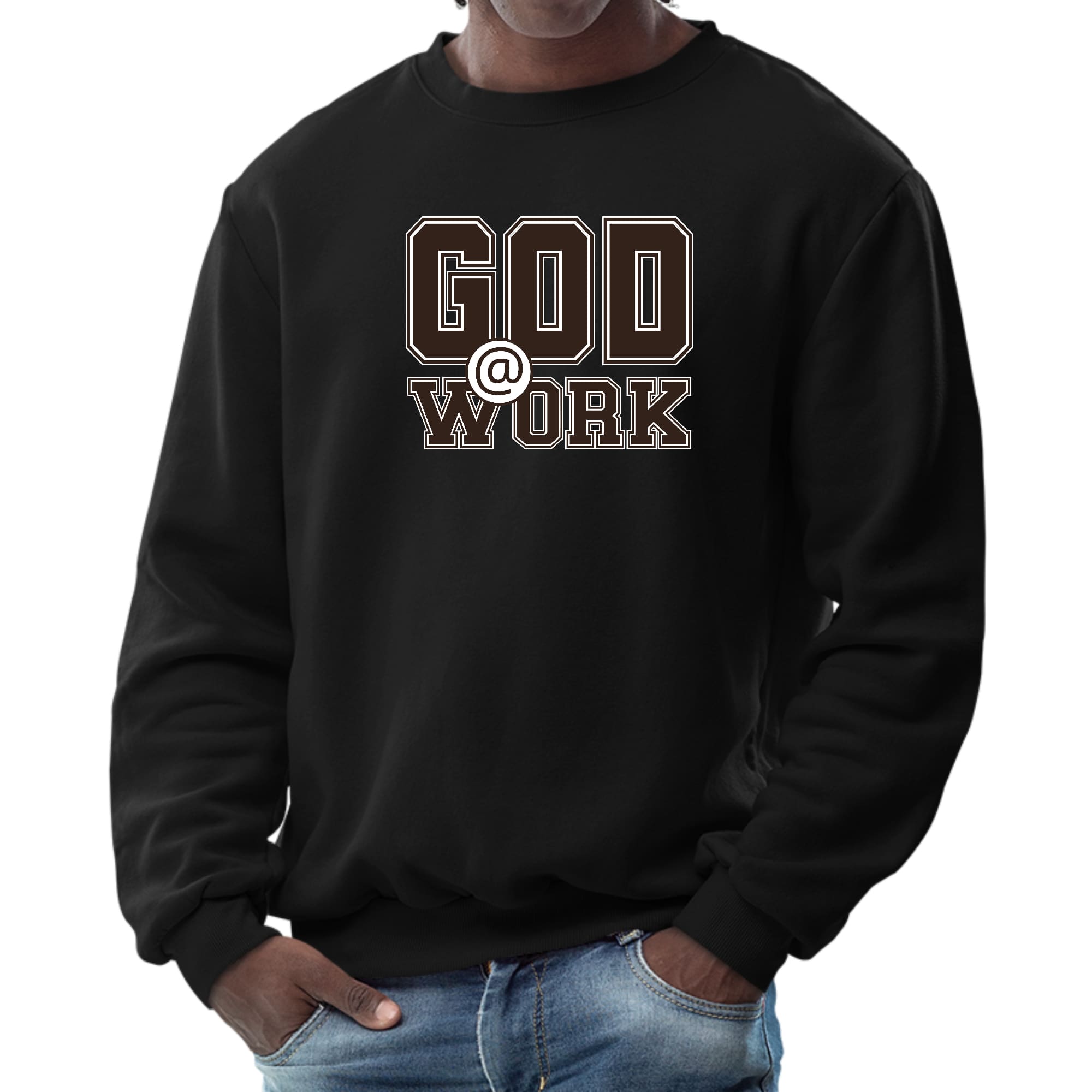 Men's long sleeve graphic sweatshirt in brown and white with 'God @ Work' print, featuring ribbed collar and cuffs.