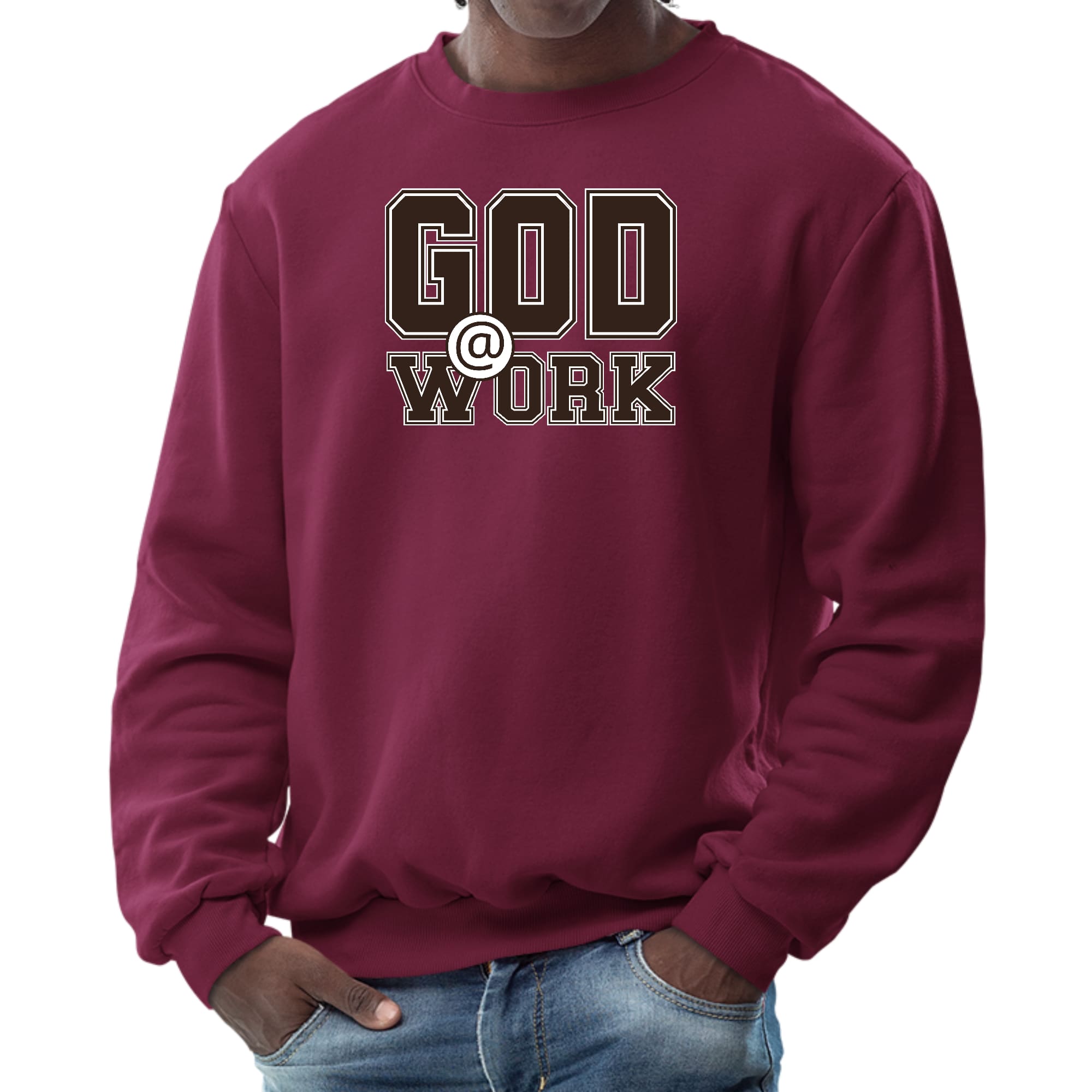 Men's long sleeve graphic sweatshirt in brown and white with 'God @ Work' print, featuring ribbed collar and cuffs.