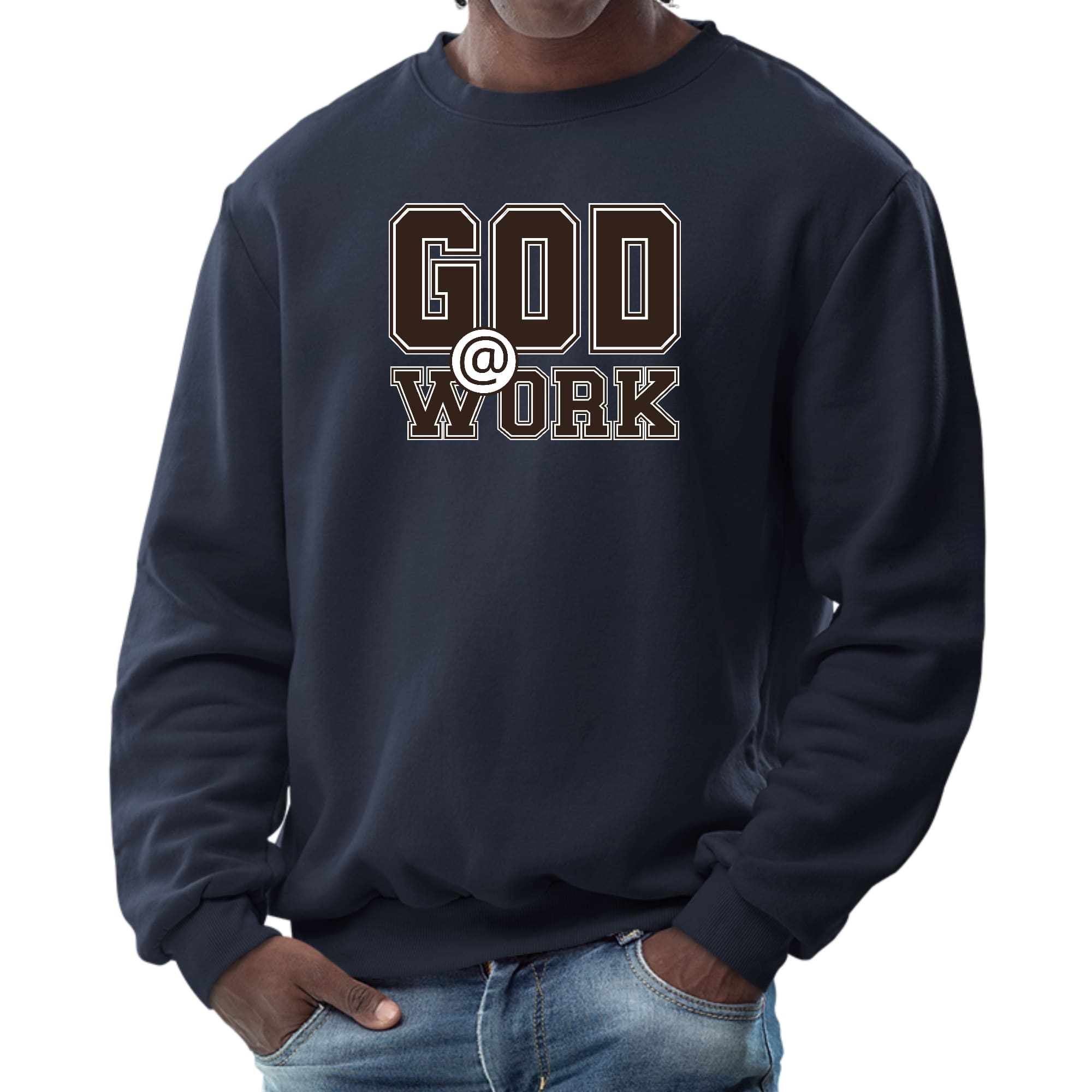 Men's long sleeve graphic sweatshirt in brown and white with 'God @ Work' print, featuring ribbed collar and cuffs.