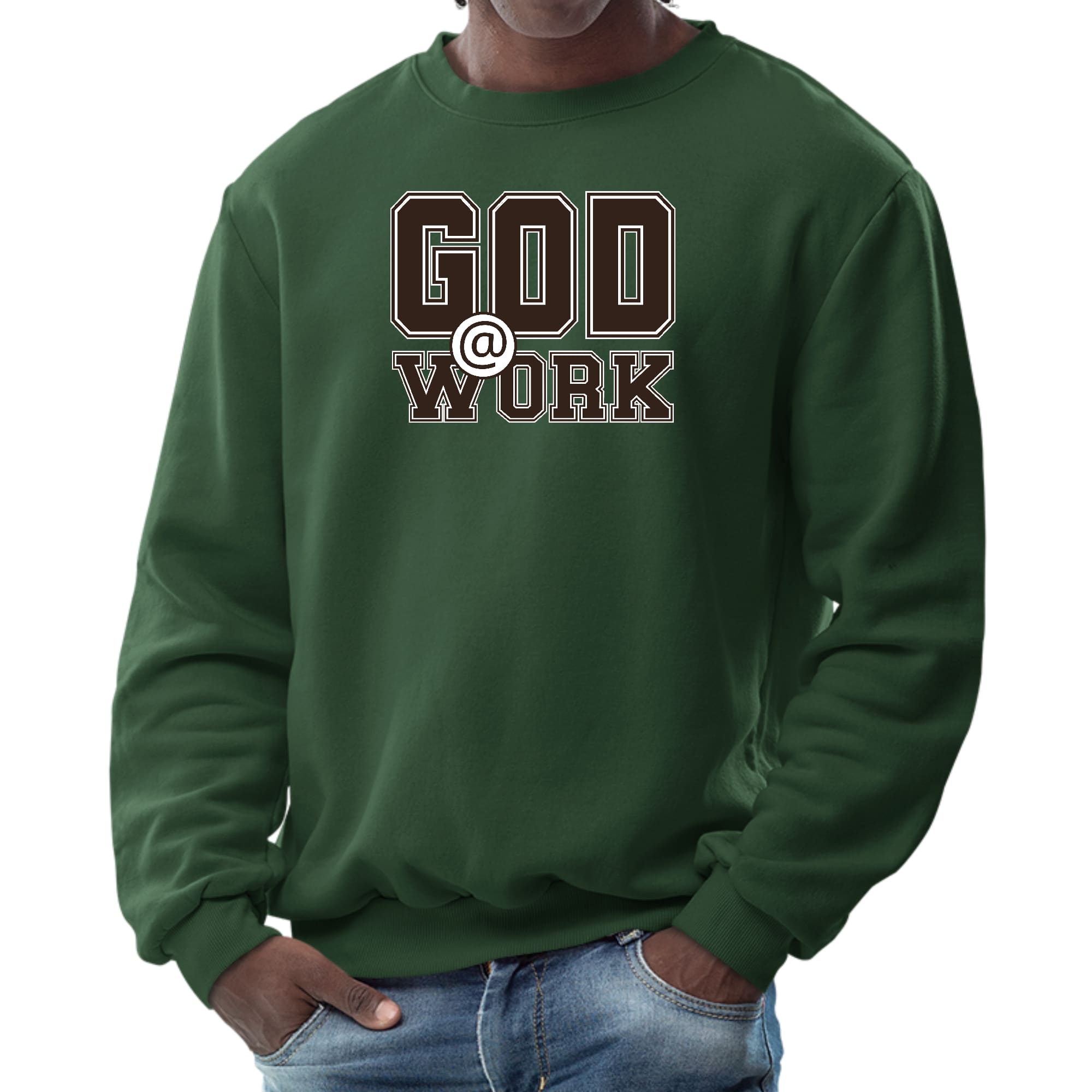 Men's long sleeve graphic sweatshirt in brown and white with 'God @ Work' print, featuring ribbed collar and cuffs.