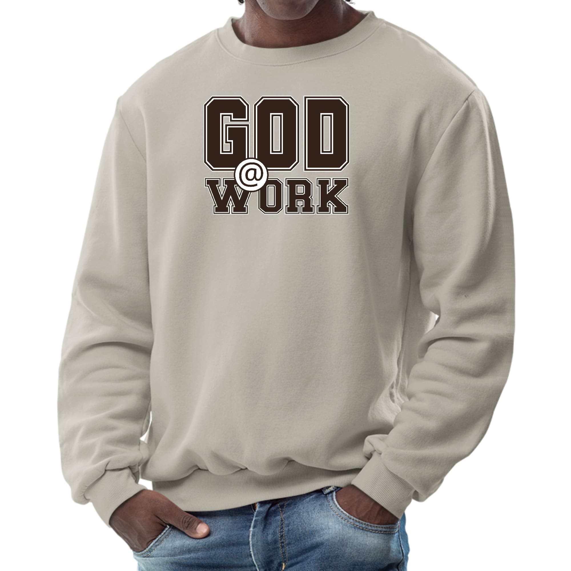 Men's long sleeve graphic sweatshirt in brown and white with 'God @ Work' print, featuring ribbed collar and cuffs.