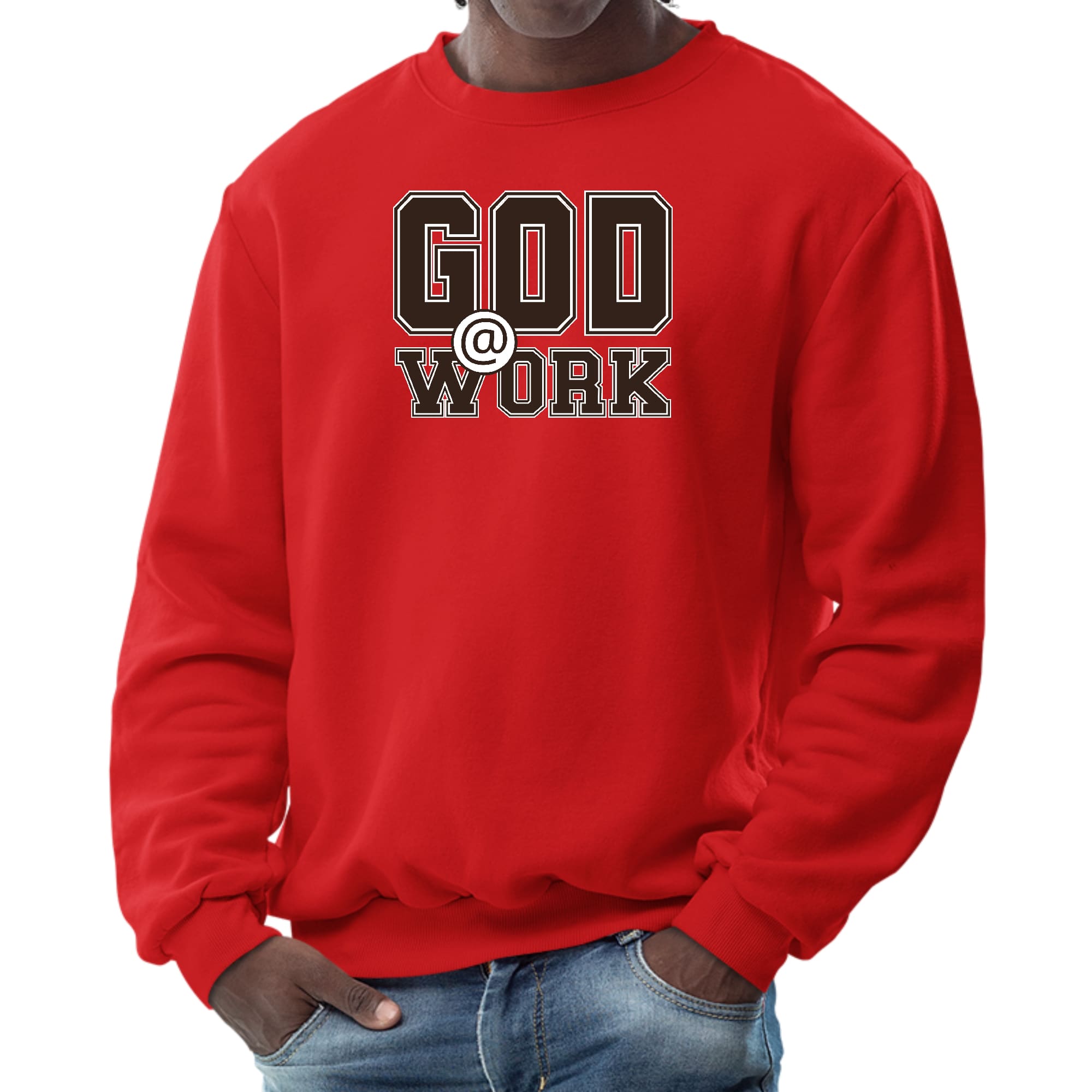 Men's long sleeve graphic sweatshirt in brown and white with 'God @ Work' print, featuring ribbed collar and cuffs.