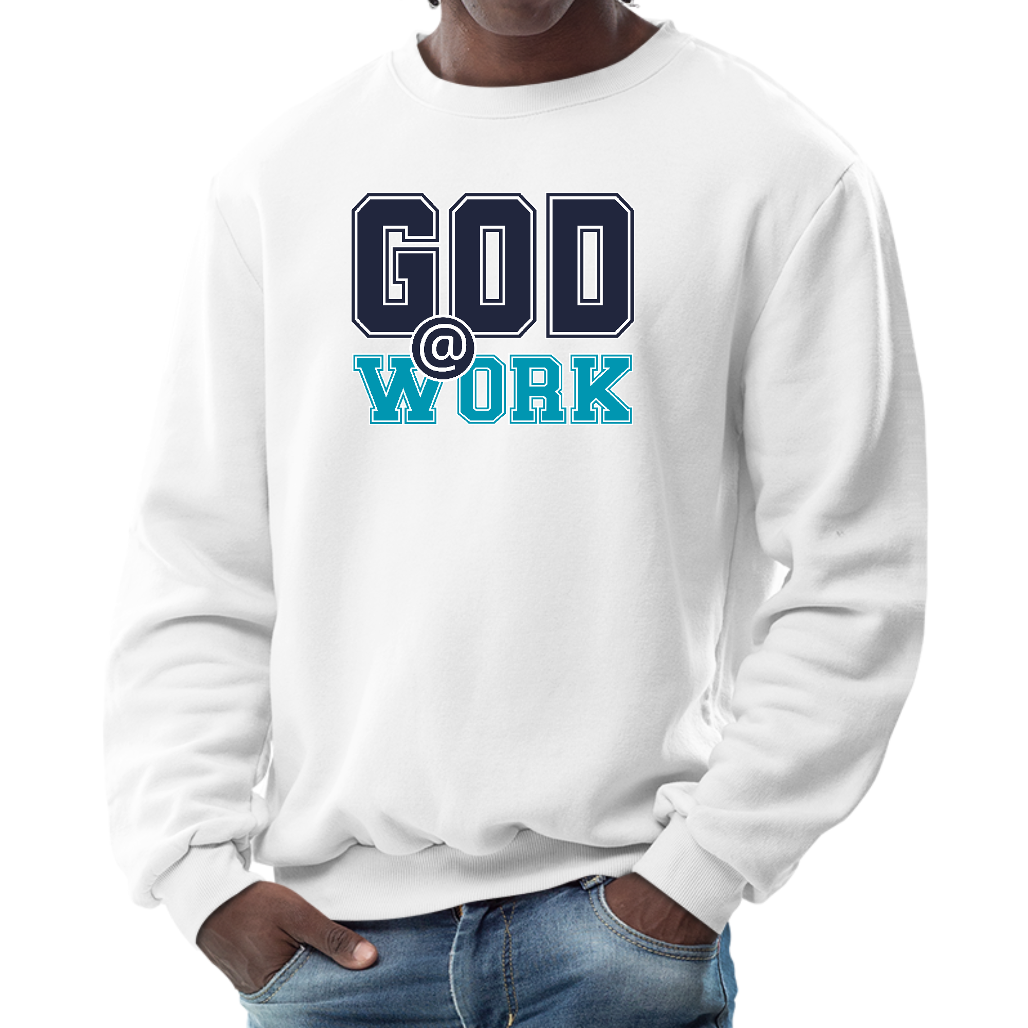 Men's navy blue graphic sweatshirt with 'God @ Work' print in blue-green, featuring long sleeves and ribbed details.