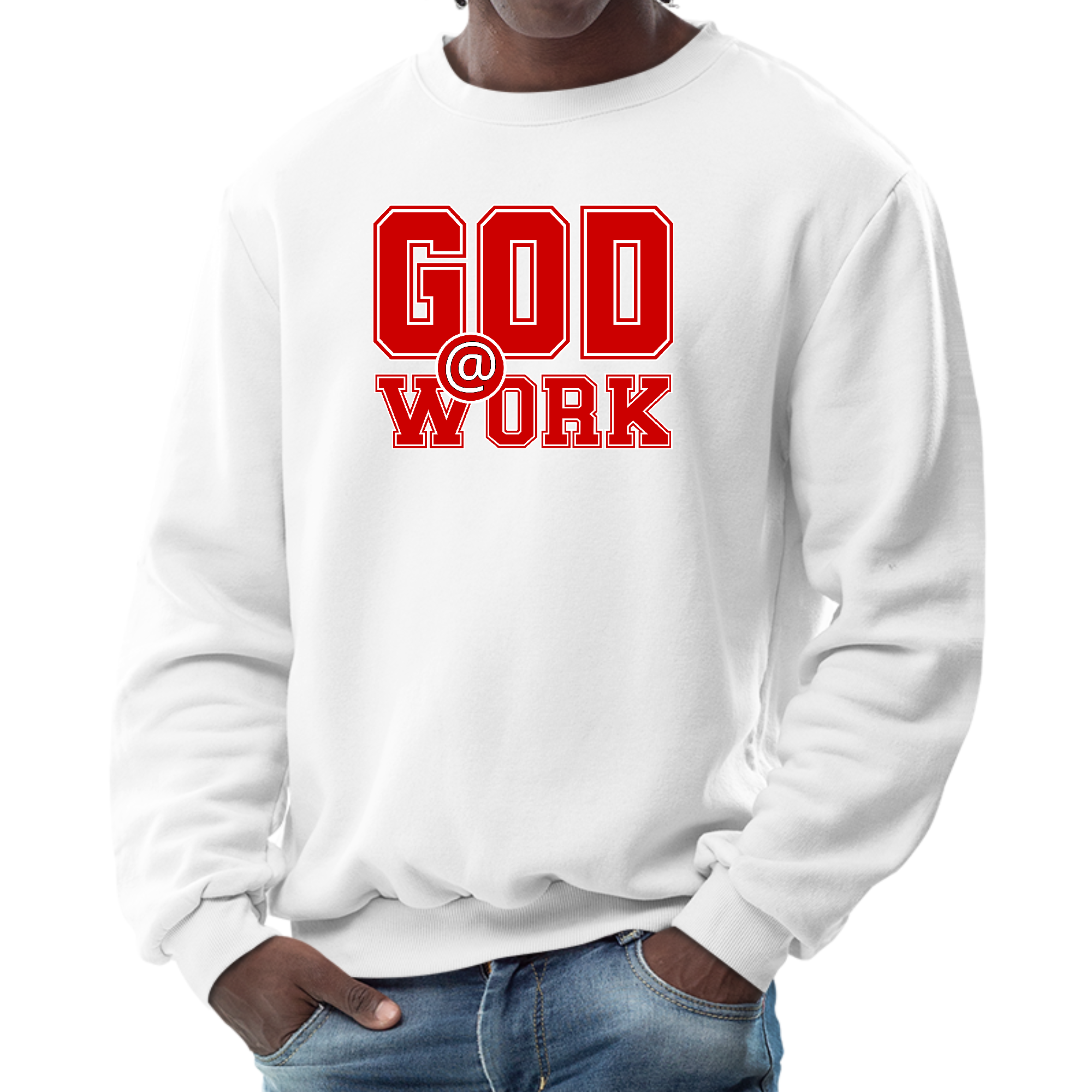 Mens Graphic Sweatshirt in red and white with God @ Work print, showcasing long sleeves and ribbed details.