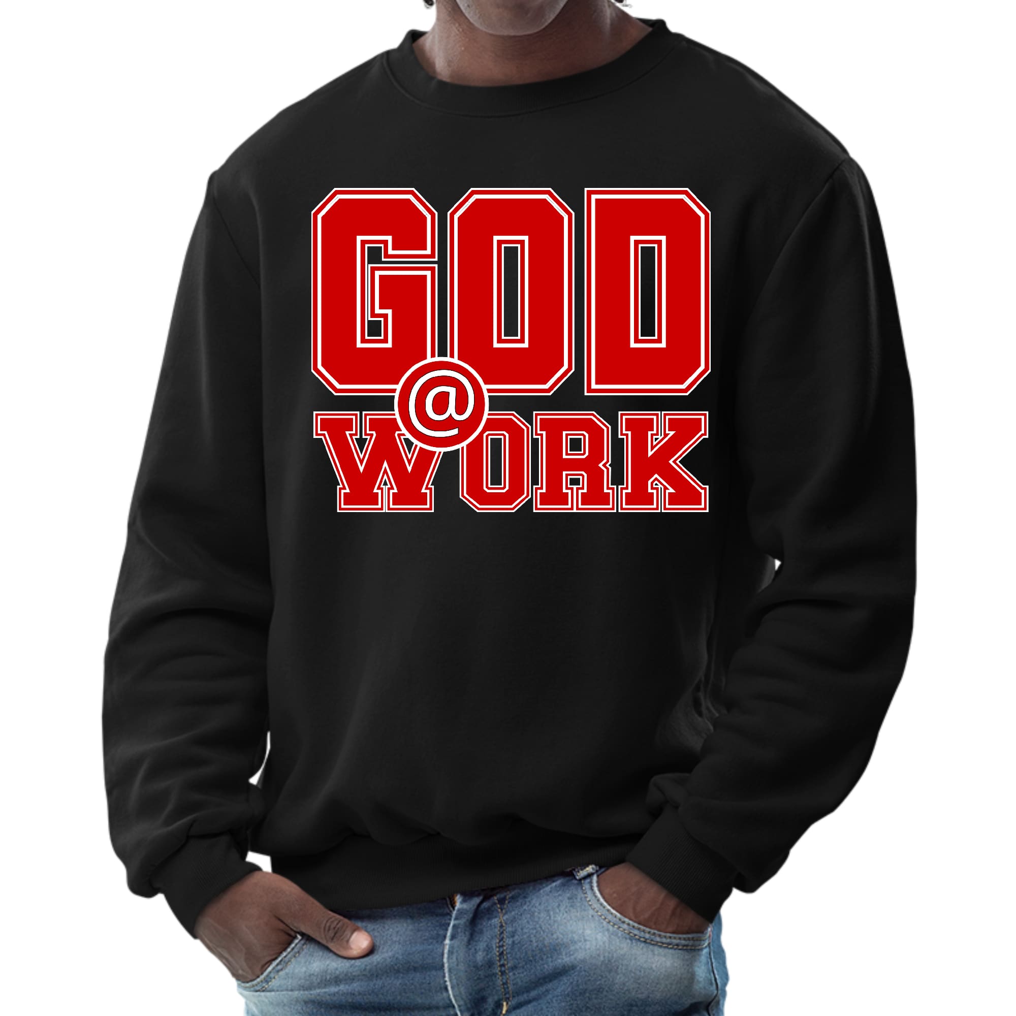 Mens Graphic Sweatshirt in red and white with God @ Work print, showcasing long sleeves and ribbed details.