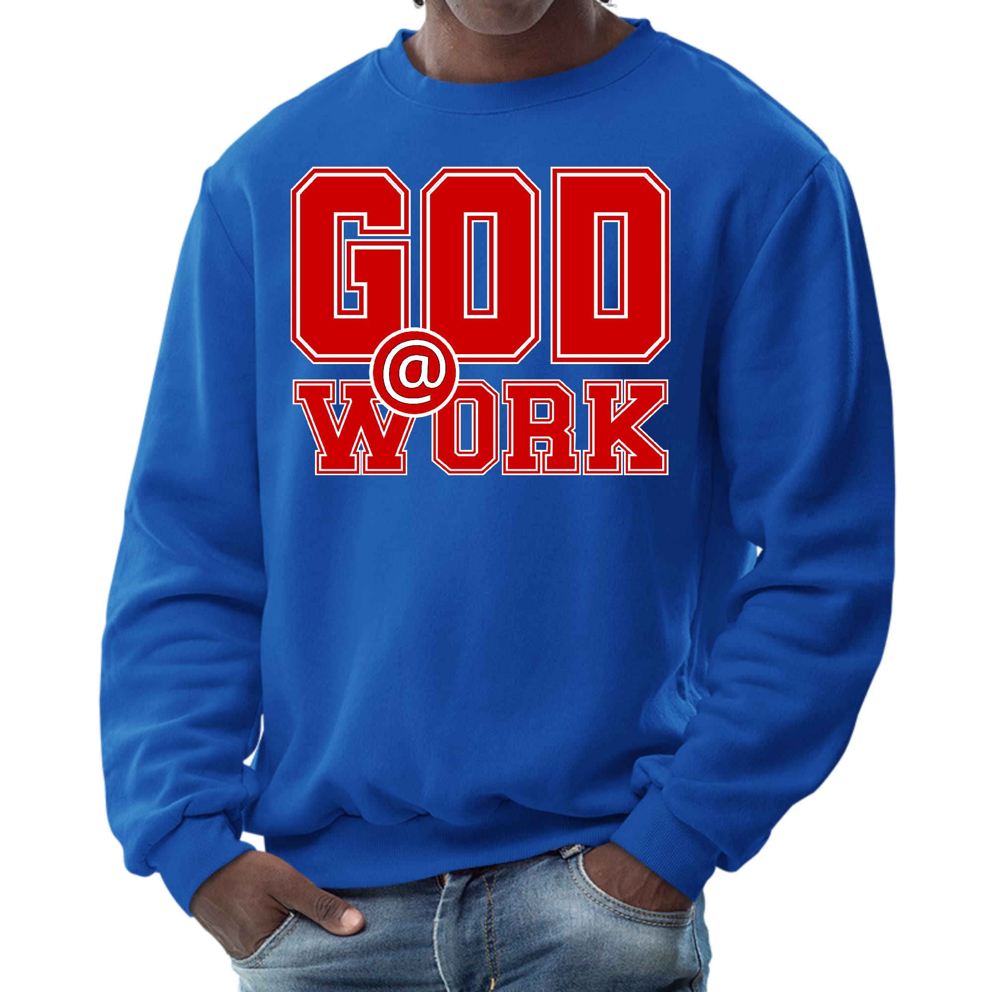 Mens Graphic Sweatshirt in red and white with God @ Work print, showcasing long sleeves and ribbed details.