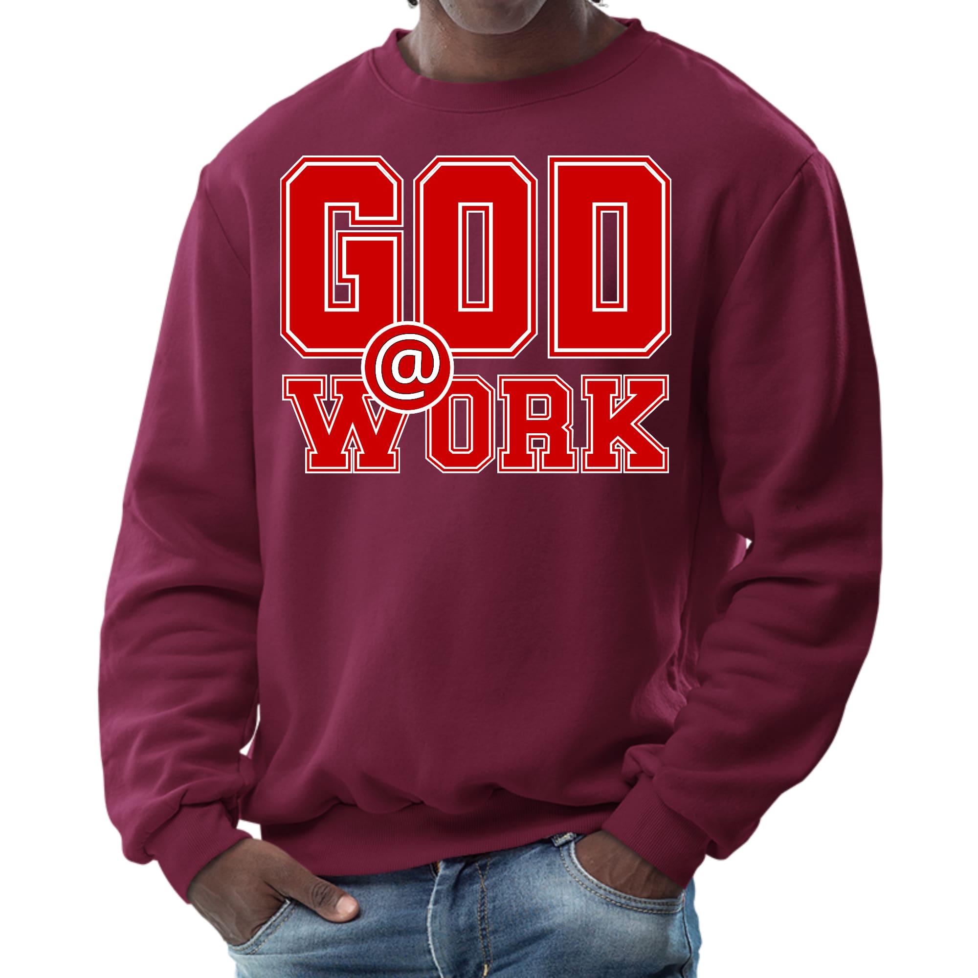 Mens Graphic Sweatshirt in red and white with God @ Work print, showcasing long sleeves and ribbed details.
